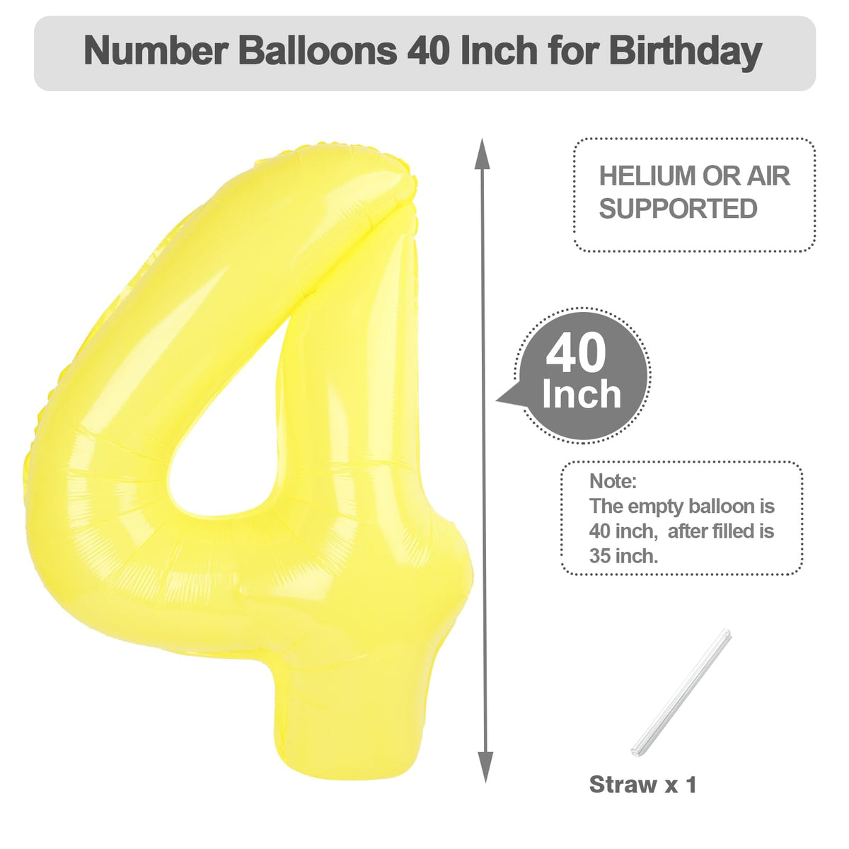 Argthjy 40-Inch Yellow Number 4 Balloon (Set of 4) for Birthday Party Decor