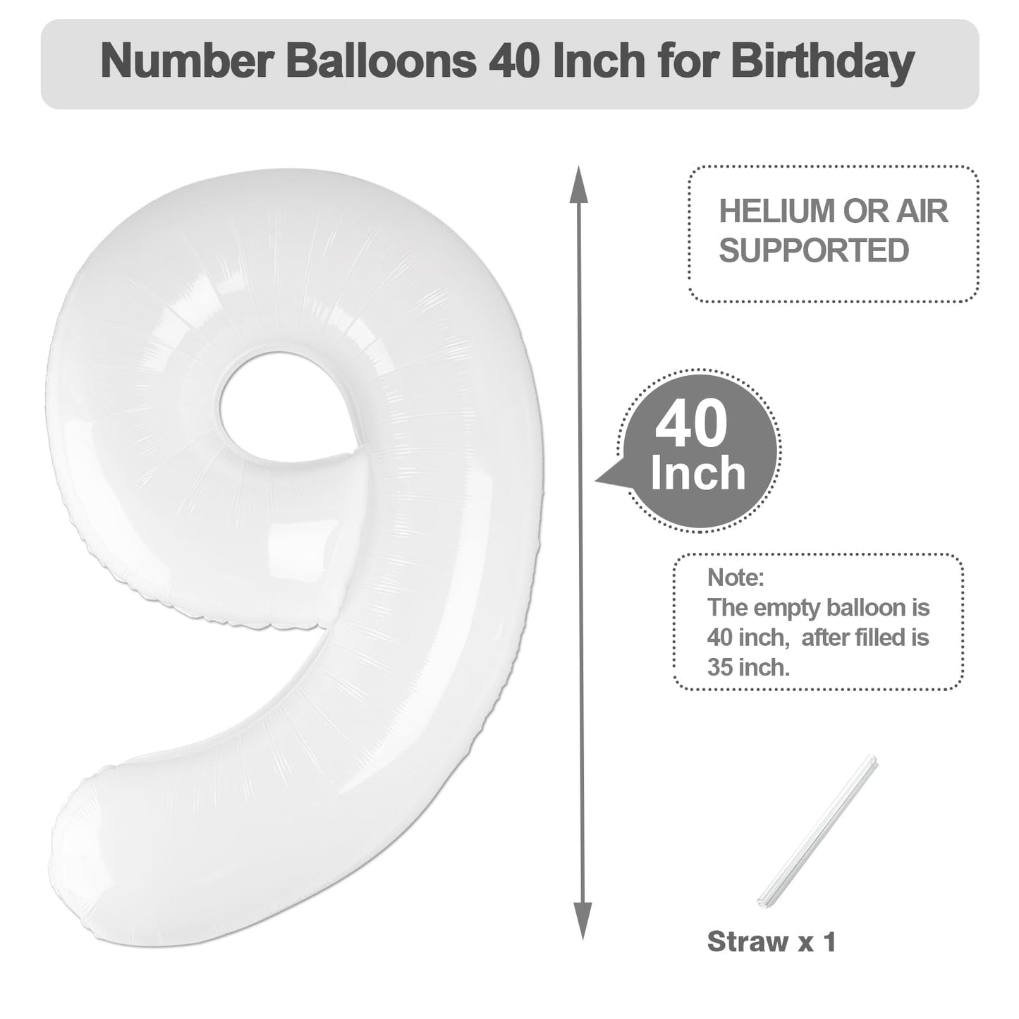 Argthjy White Number 9 Balloon - 40-Inch Foil Birthday Decor for Parties