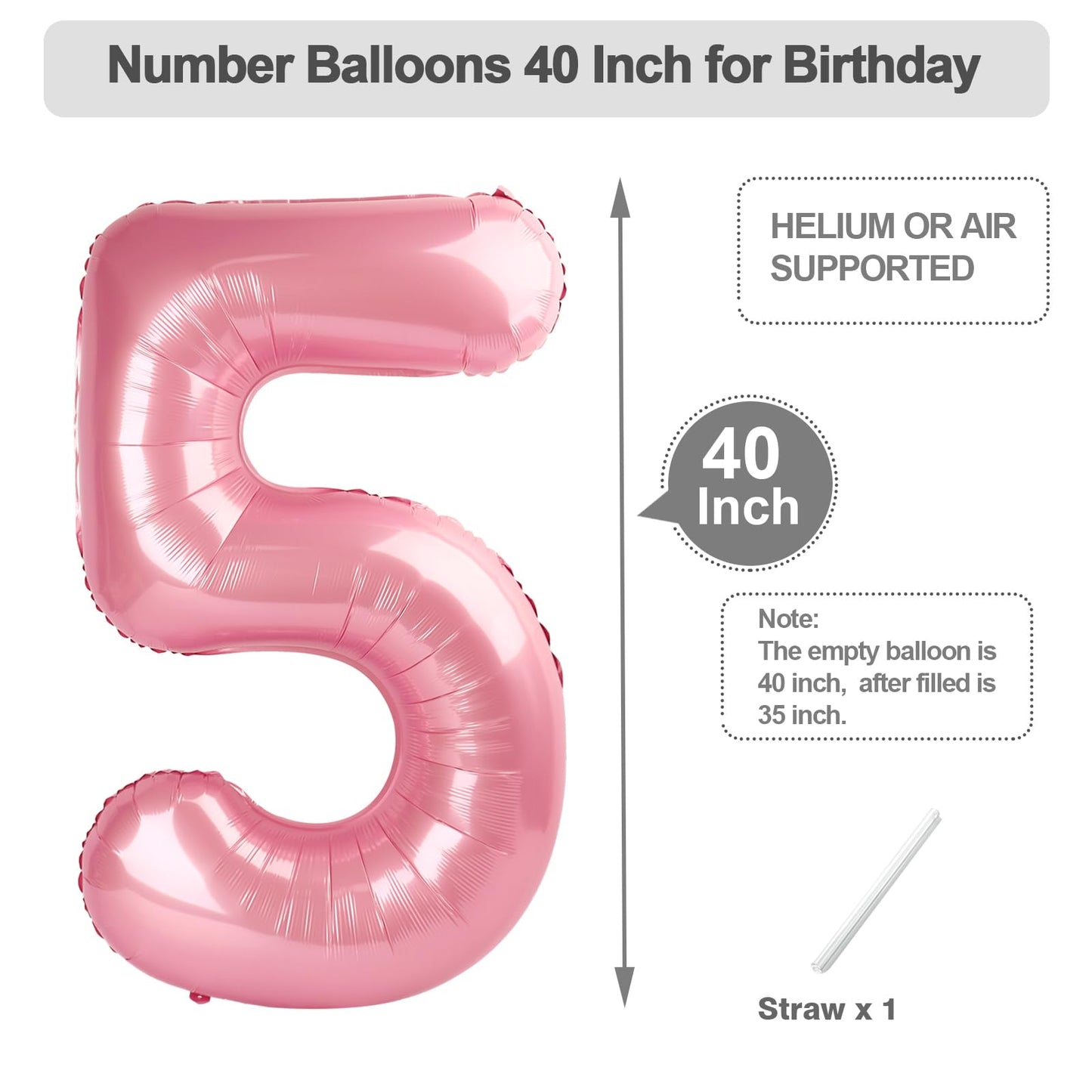 Argthjy Number 5 Balloon 40 Inch – Pearl Pink Foil Birthday Party Decor for Boys and Girls