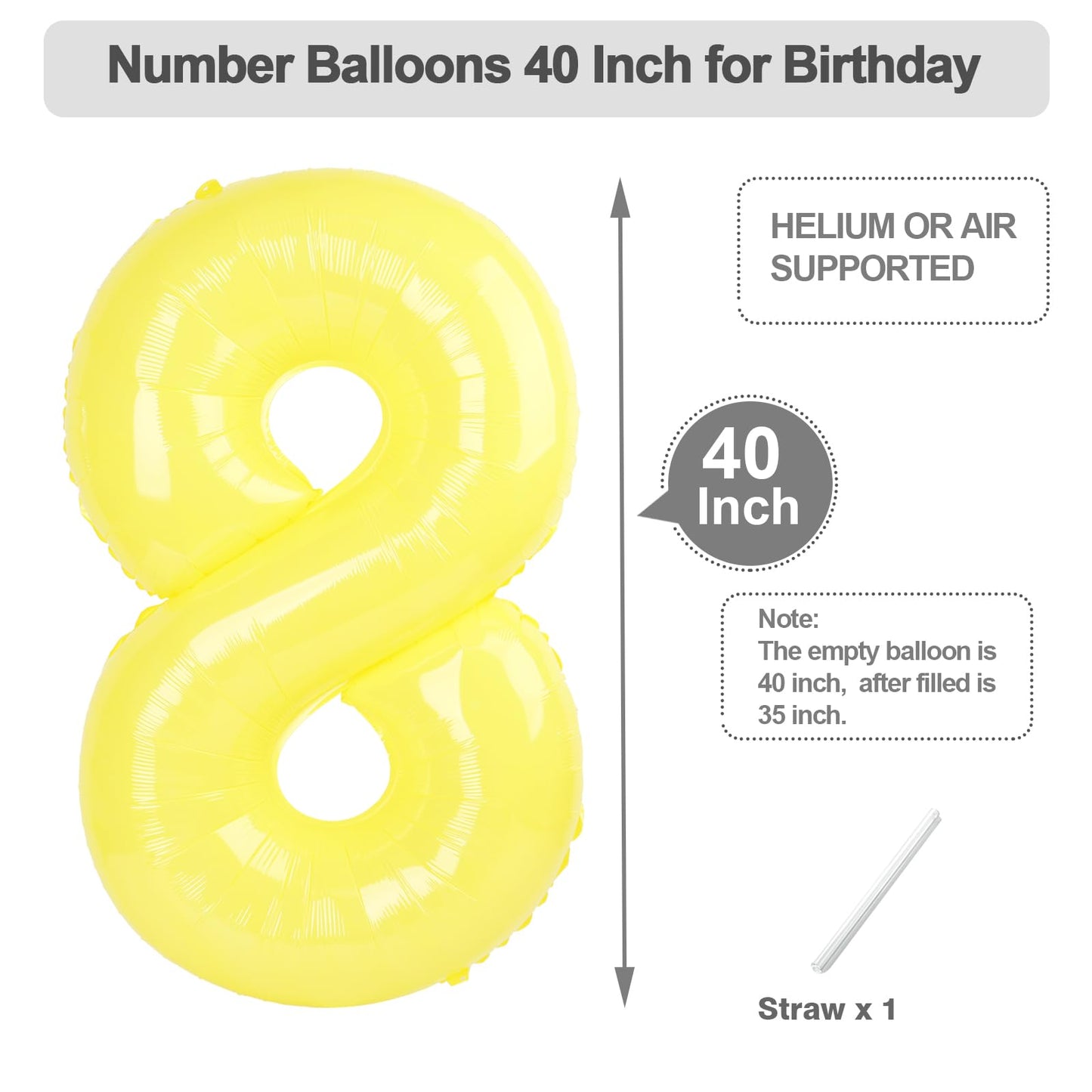 Argthjy 8 Numbers Balloon - 40-Inch Yellow Foil Balloon for Birthday Parties, Weddings, and Celebrations