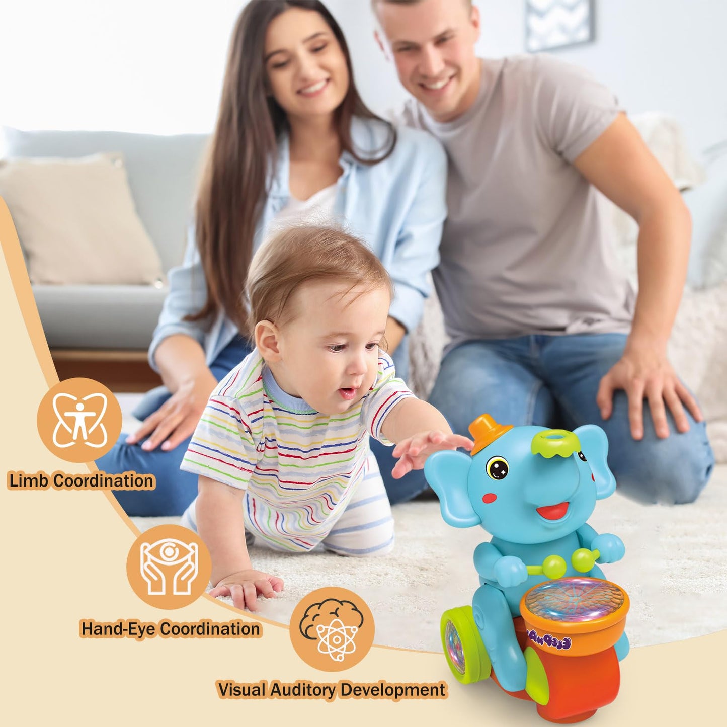 ARHEQI Baby Elephant Musical Crawling Toy – Lights, Sounds & Obstacle Avoidance