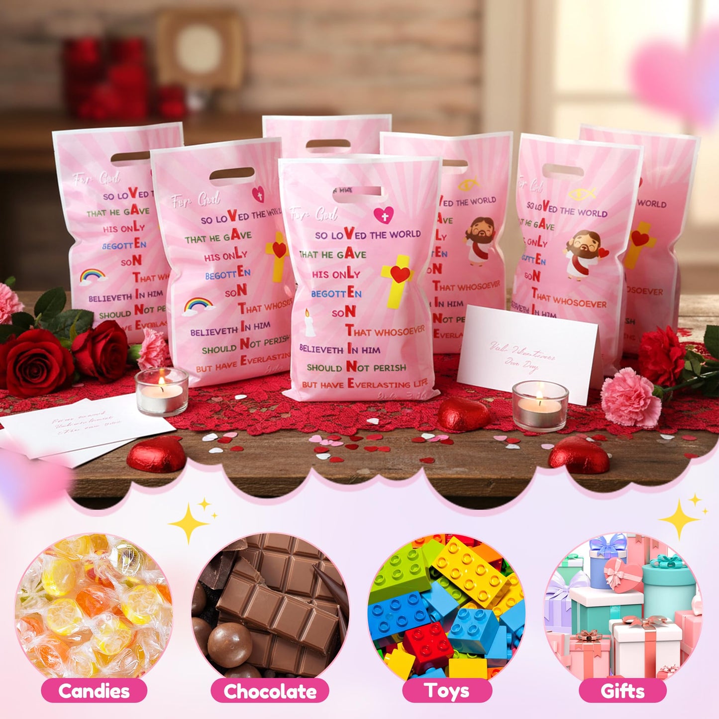 Valentine’s Day Party Favor Bags – 50 Pcs by ArianQicult John 3:16 Cross