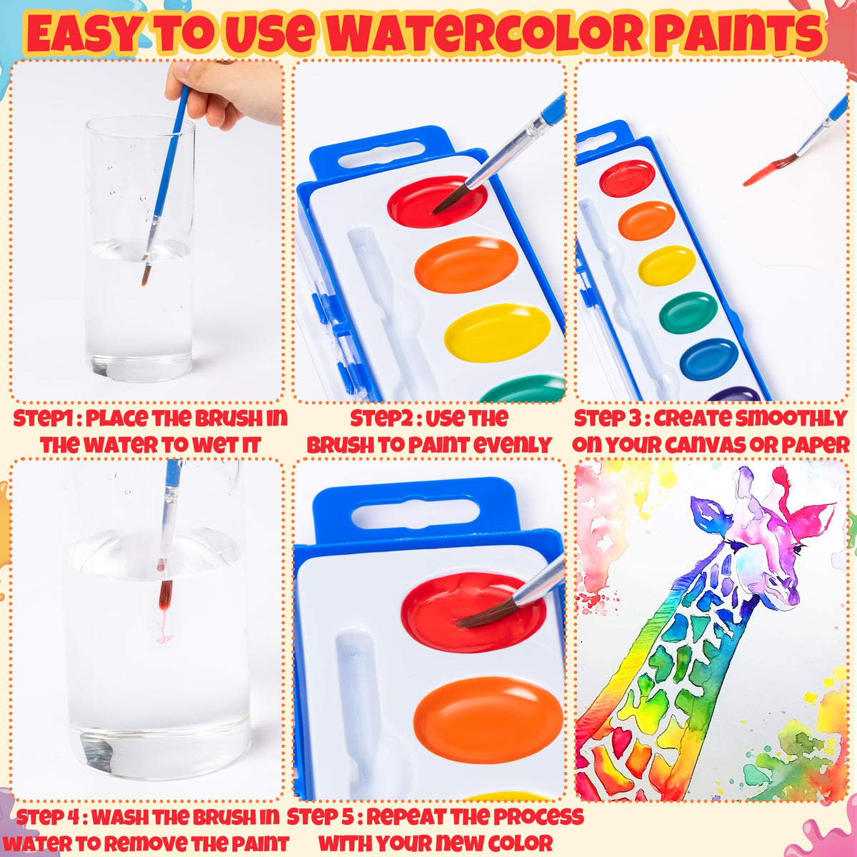 ArianQicult 24-Pack Watercolor Paint Set with Brushes – 8 Colors for Kids & Adults