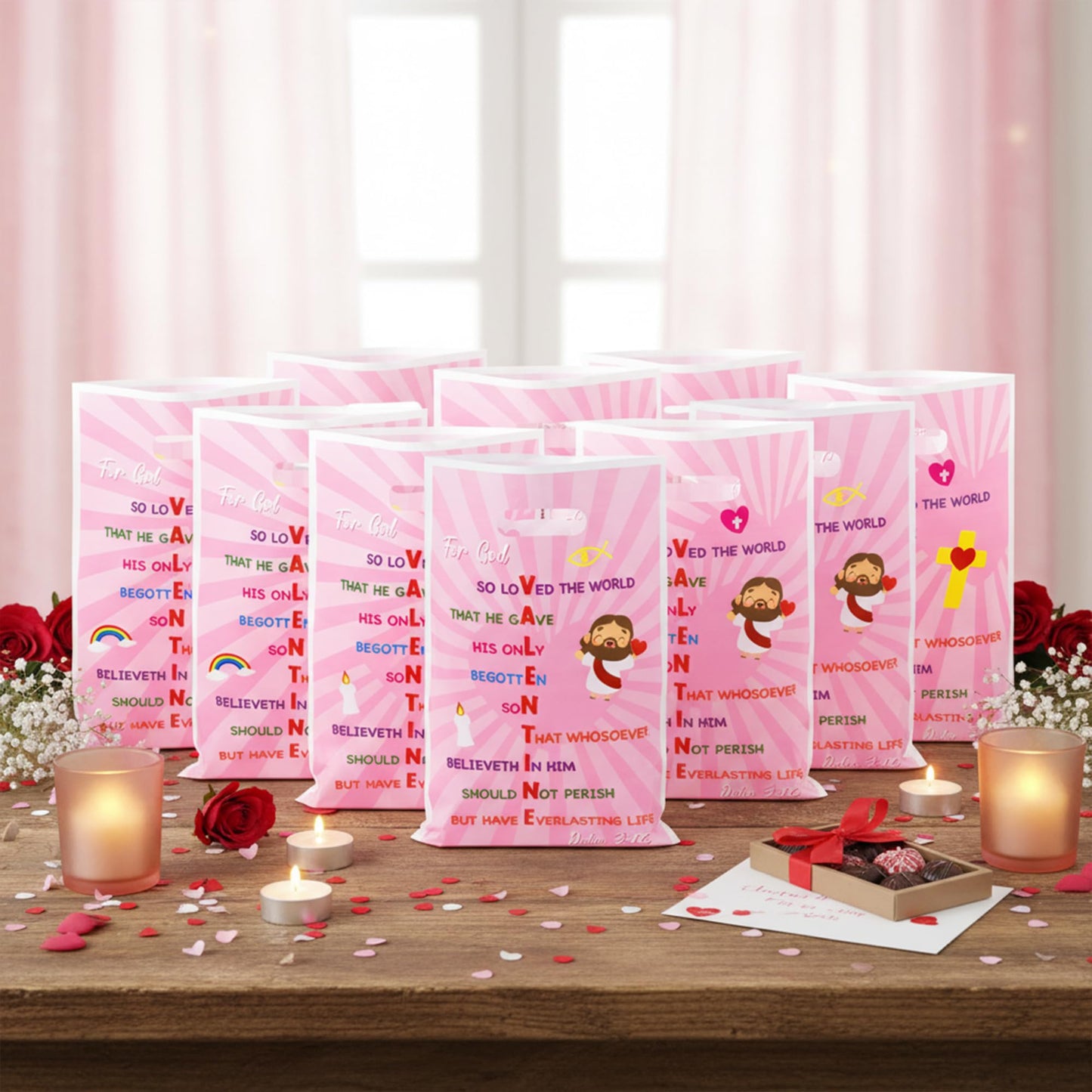 Valentine’s Day Party Favor Bags – 50 Pcs by ArianQicult John 3:16 Cross