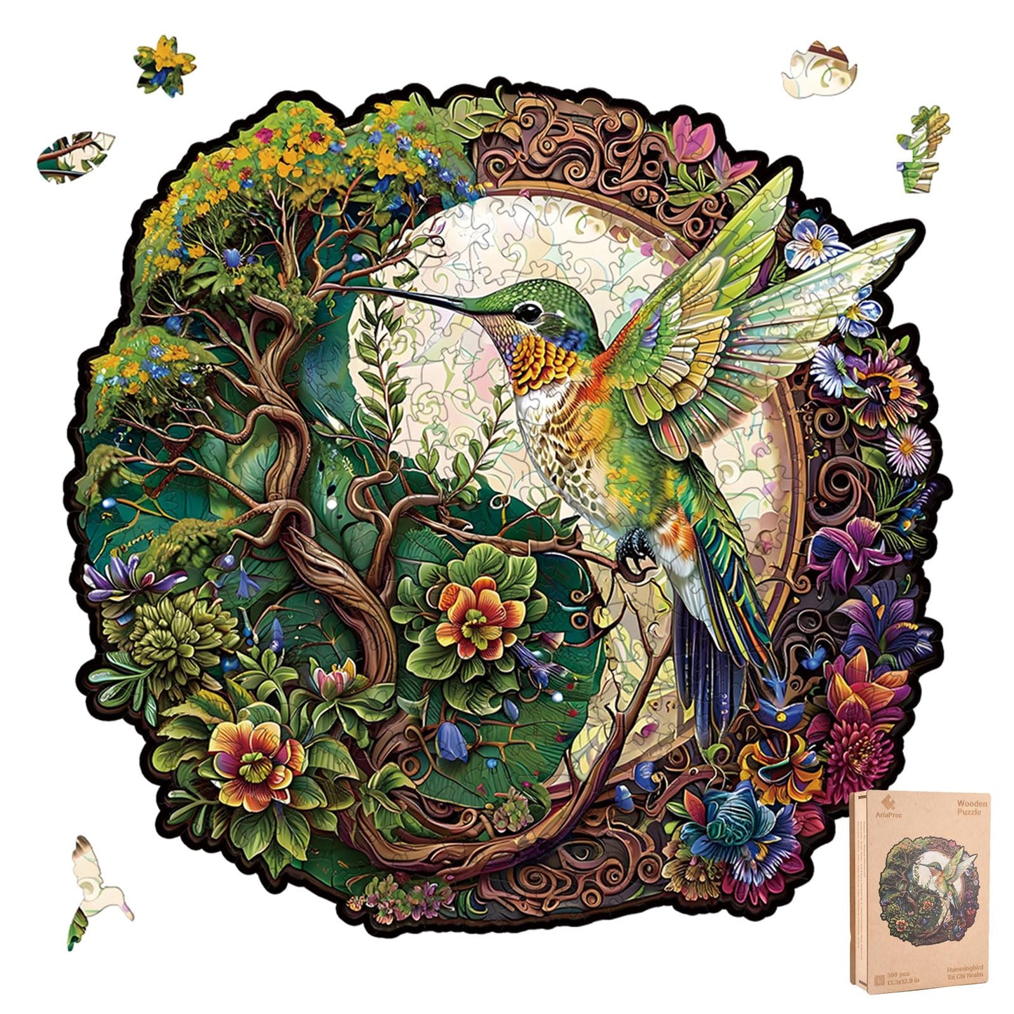 AriaPrec Wooden Jigsaw Puzzle for Adults – Hummingbird Tai Chi, 300 Pieces, Zen Art