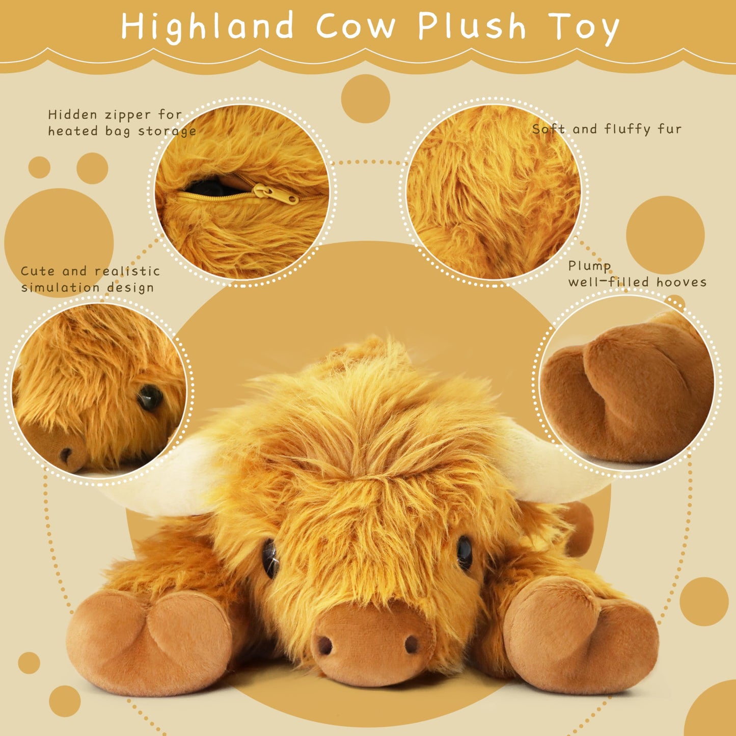 ARING PLUSH Highland Cow Plush – 4-Pound Weighted, Microwaveable & Coolable (Khaki)