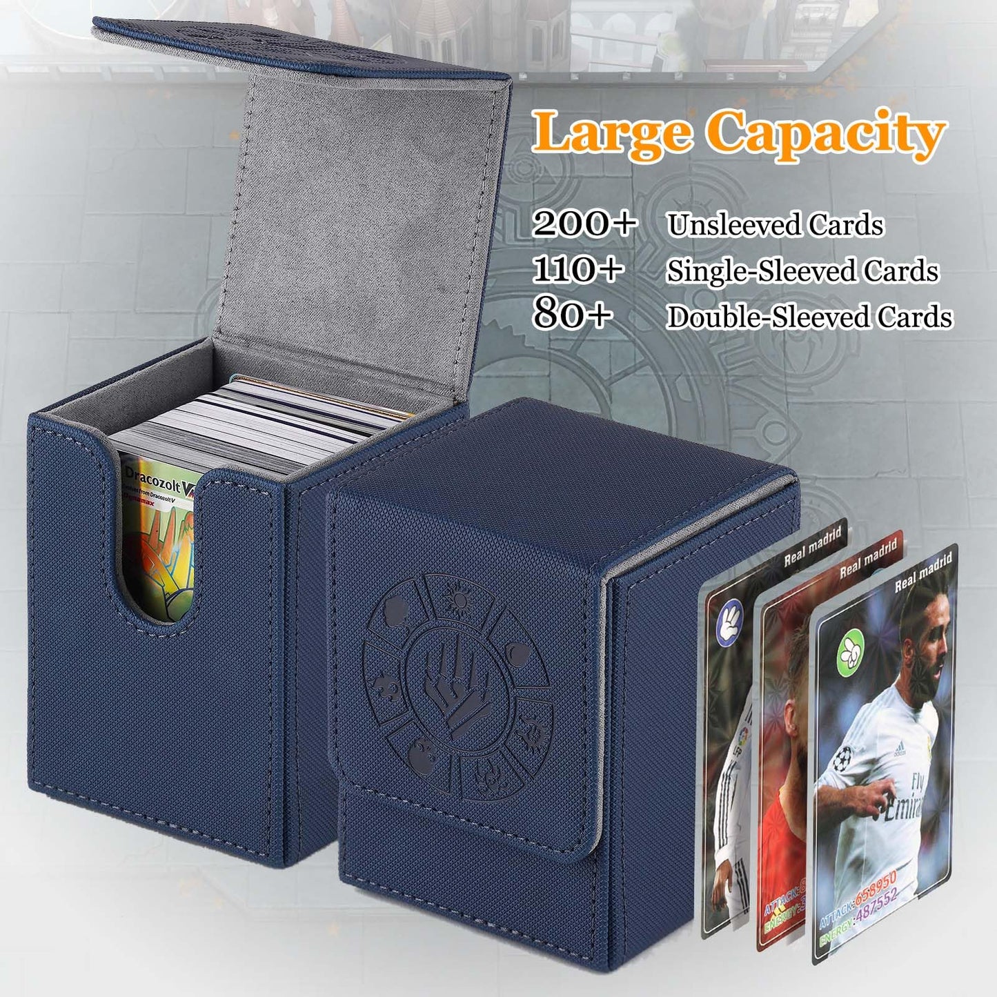 Arkeiliy Card Deck Box – 110+ Card Storage, 50 Sleeves Included, Magnetic Buckle (Blue)