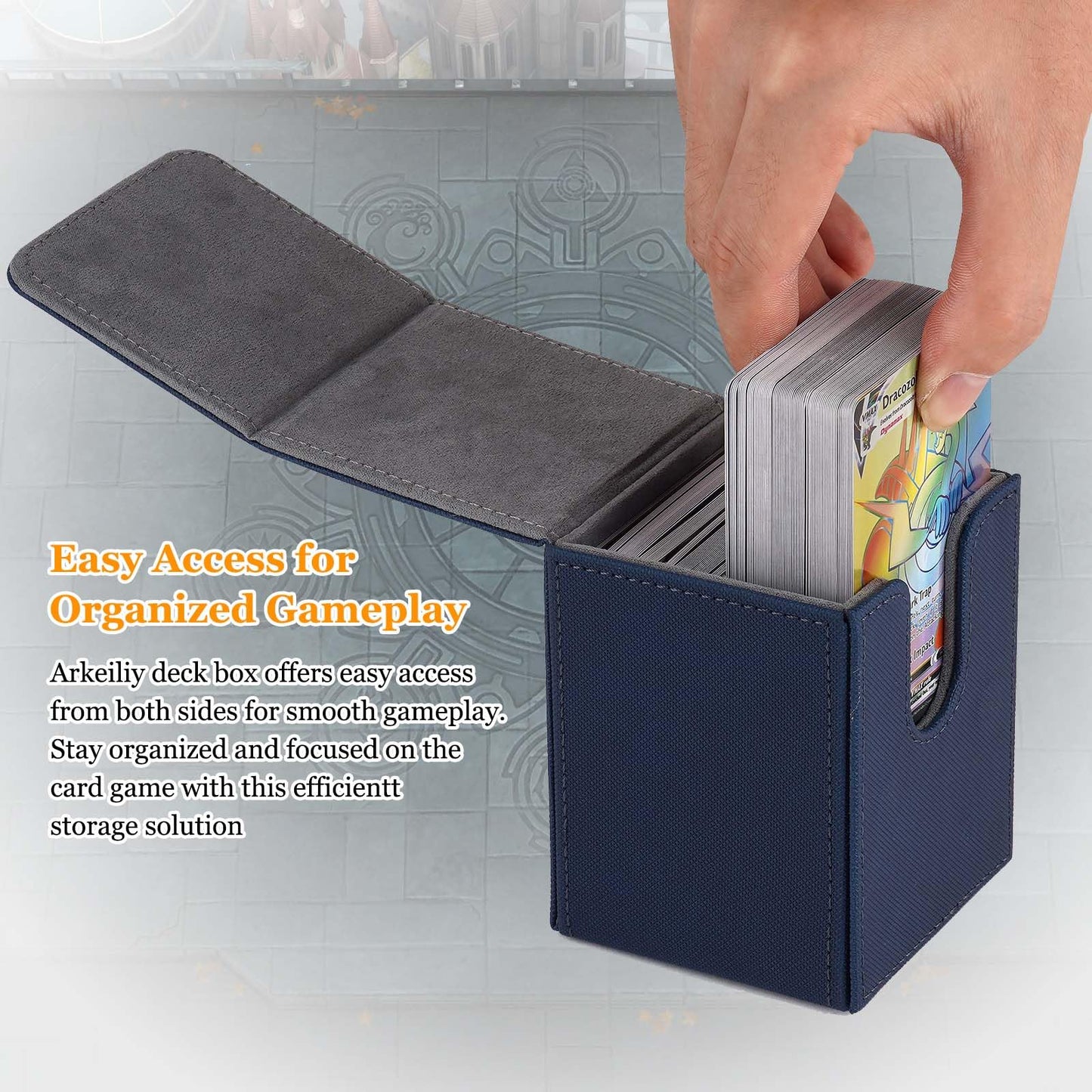 Arkeiliy Card Deck Box – 110+ Card Storage, 50 Sleeves Included, Magnetic Buckle (Blue)