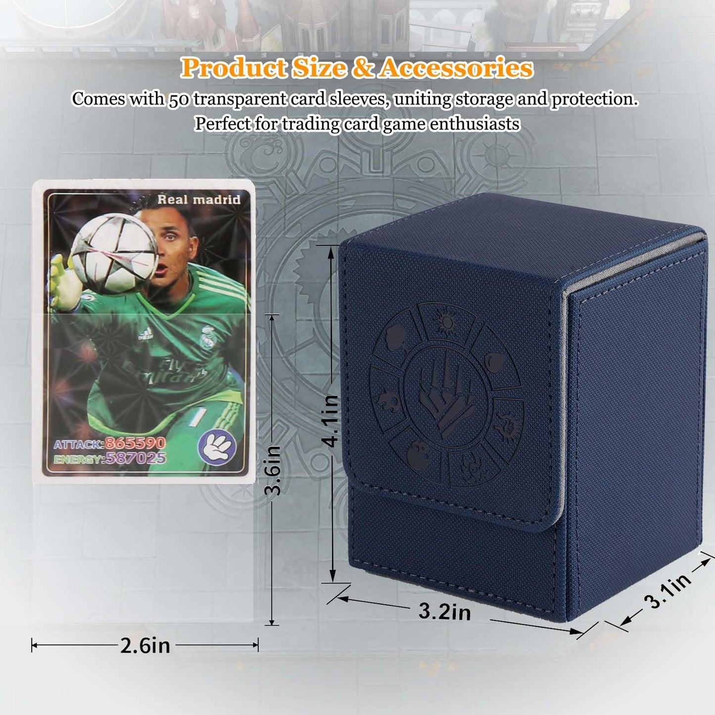 Arkeiliy Card Deck Box – 110+ Card Storage, 50 Sleeves Included, Magnetic Buckle (Blue)