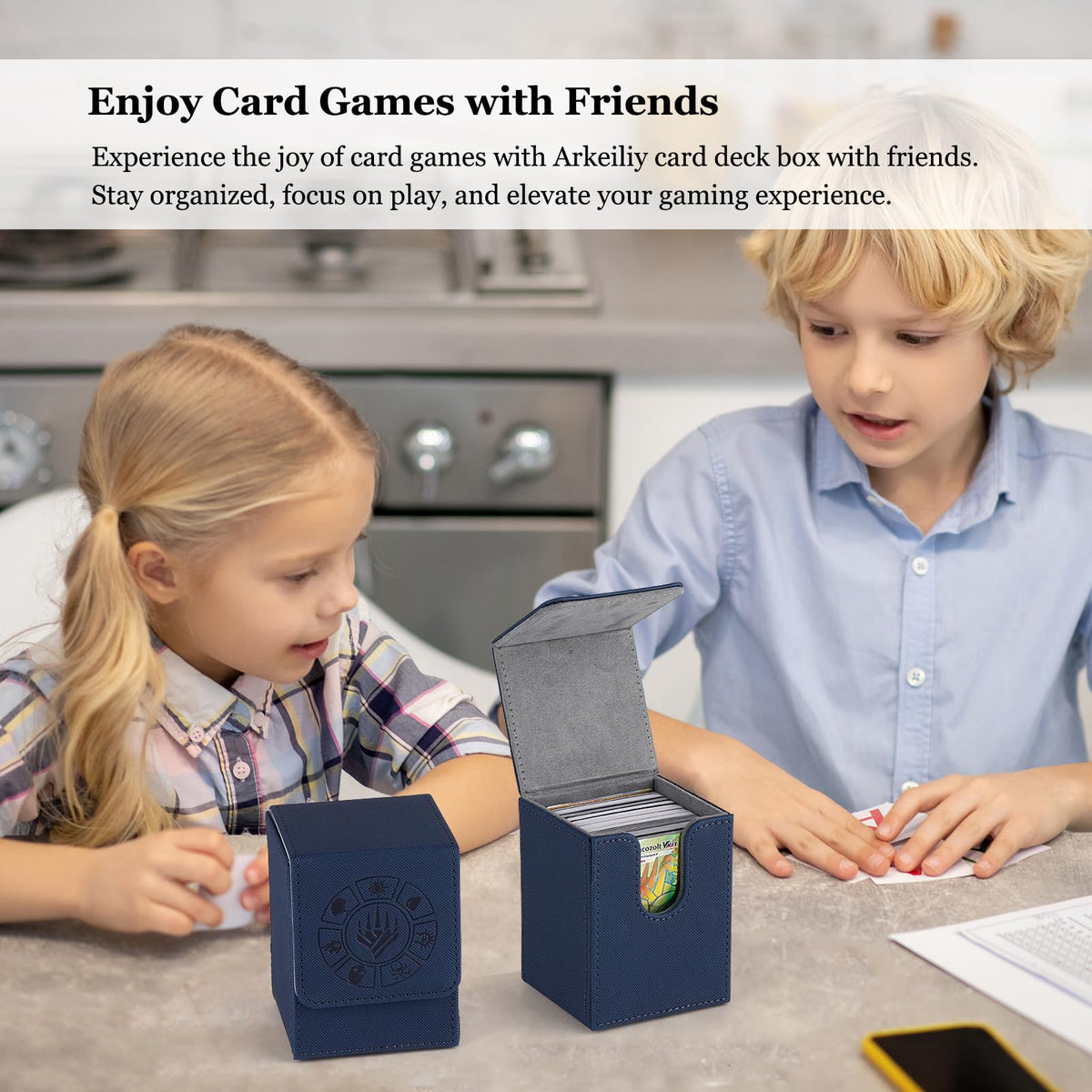 Arkeiliy Card Deck Box – 110+ Card Storage, 50 Sleeves Included, Magnetic Buckle (Blue)