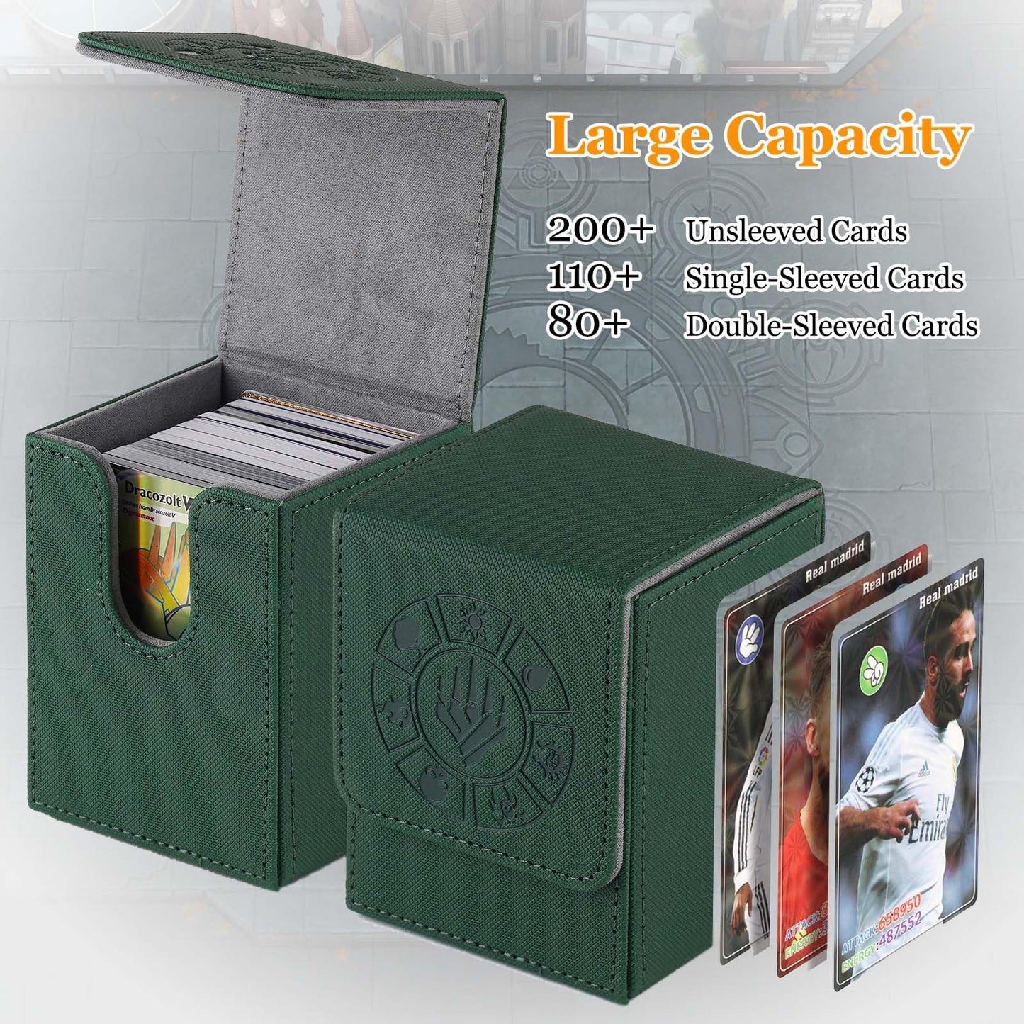 Arkeiliy Card Deck Box – 200+ Capacity, Magnetic Buckle, Green