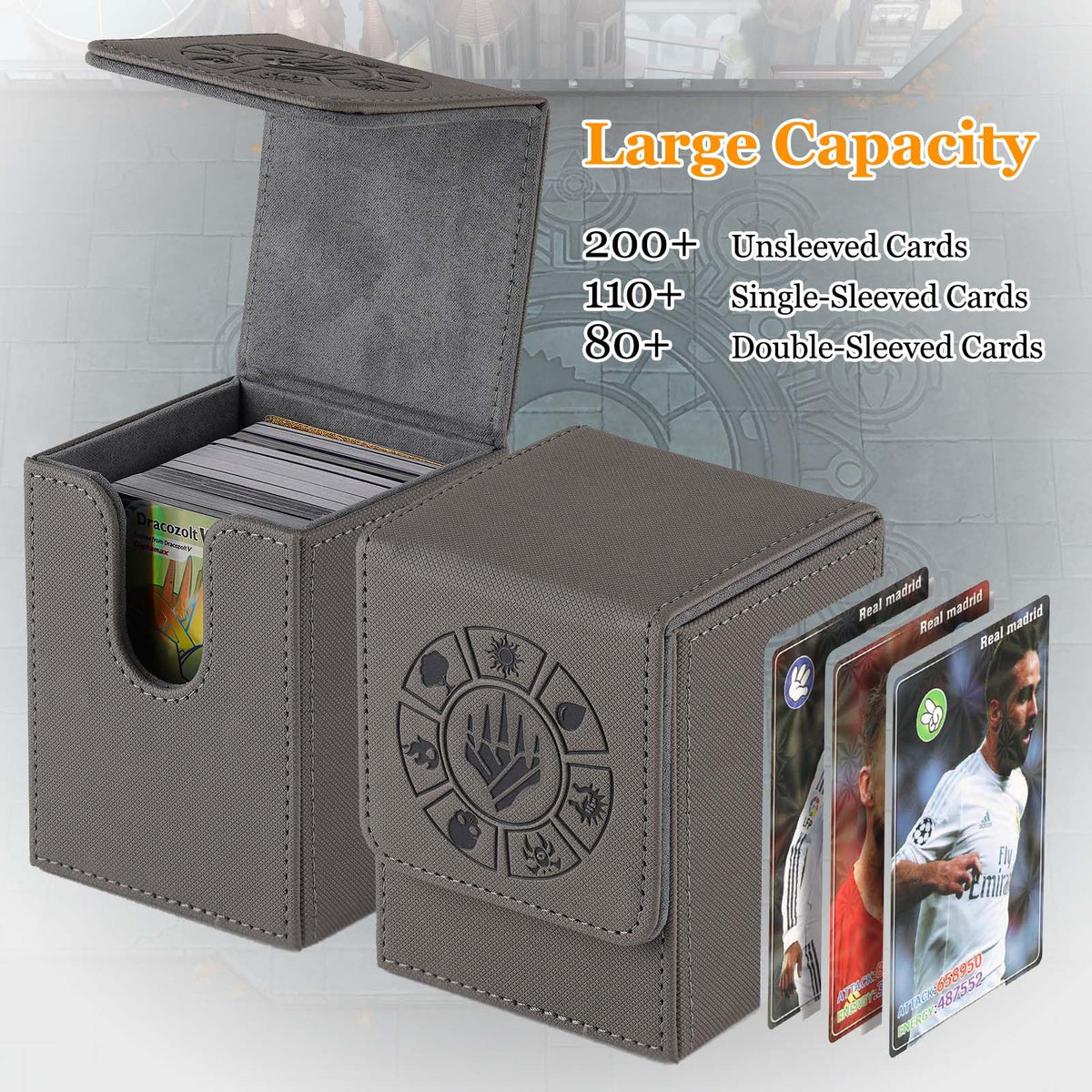 Arkeiliy Card Deck Box Grey – 110+ Card Storage with 50 Sleeves | MTG, Commander & Collectible Card Case