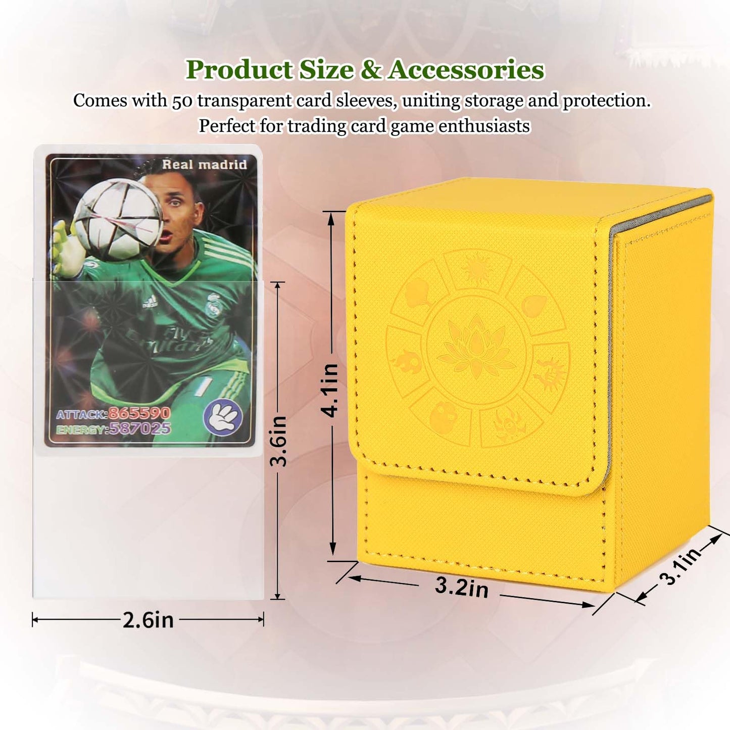 Arkeiliy MTG Deck Box with 50 Sleeves – Leather Card Case, 110+ Card Storage (Yellow)
