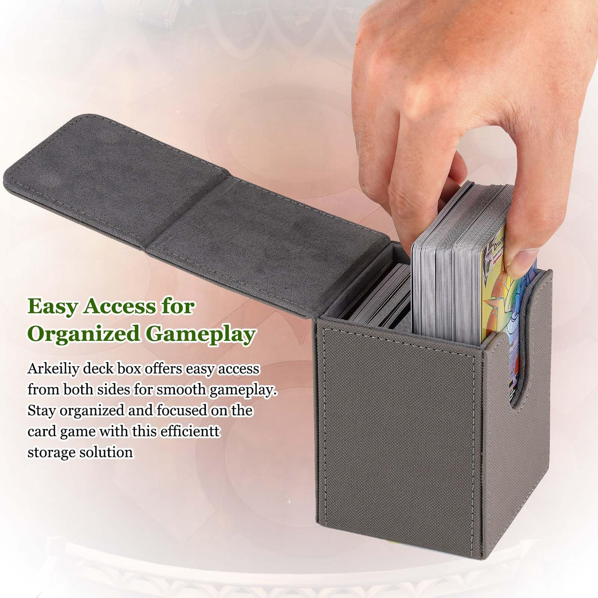 Arkeiliy MTG Deck Box — Leather 110+ Card Storage with 50 Sleeves (Grey)