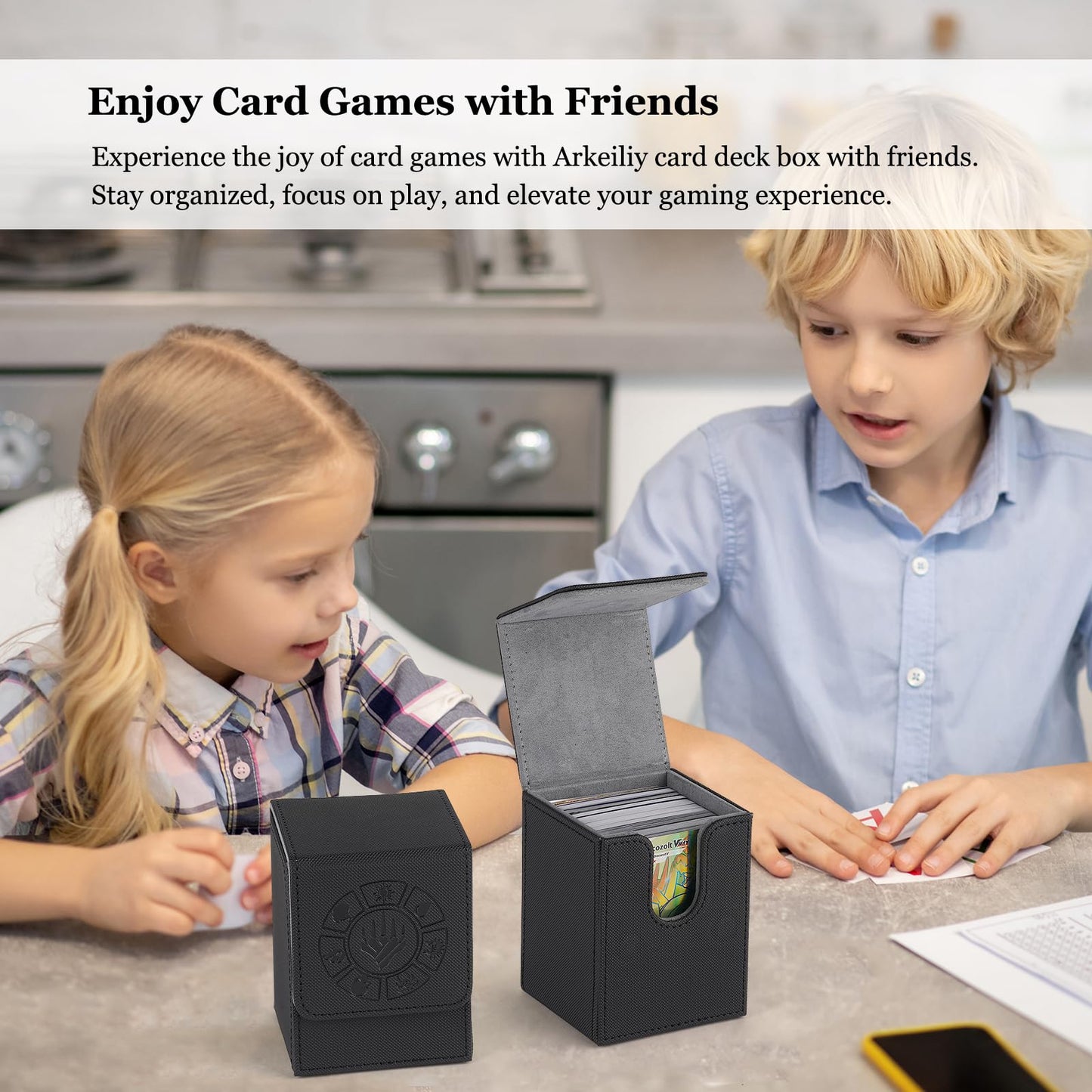Arkeiliy Card Deck Box – 110+ Card Storage, Magnetic Buckle, 50 Sleeves Included (Black)
