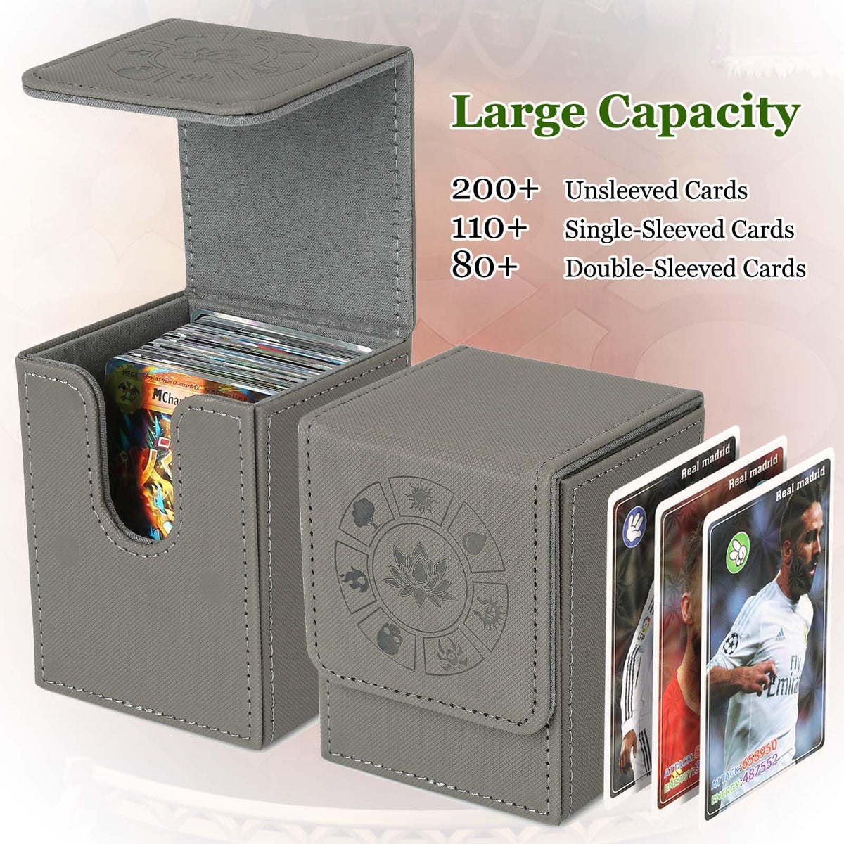 Arkeiliy MTG Deck Box — Leather 110+ Card Storage with 50 Sleeves (Grey)