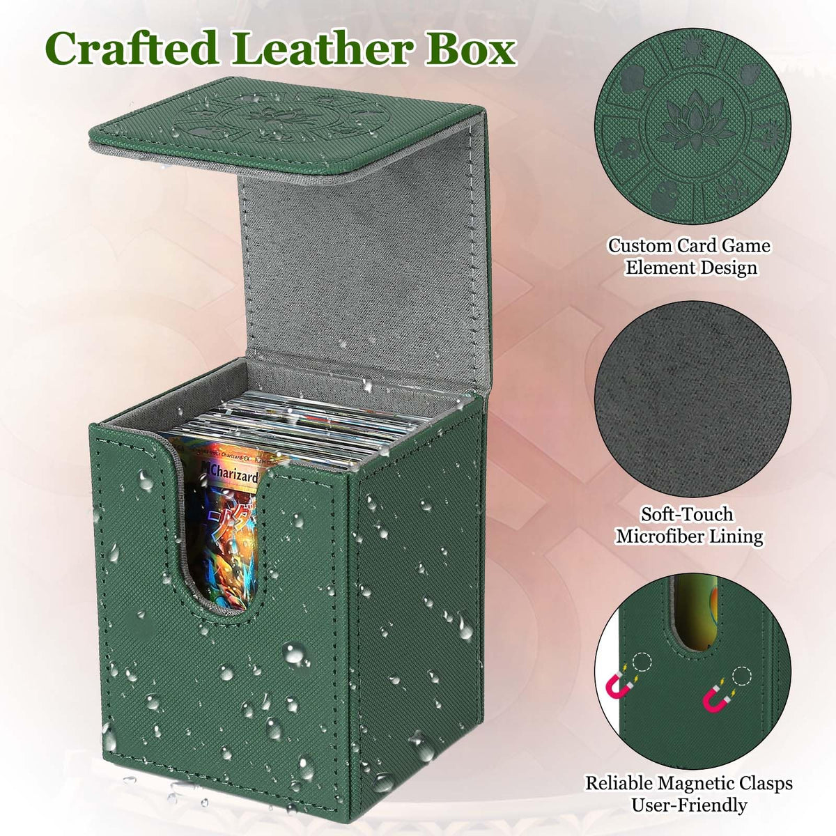 Arkeiliy MTG Deck Box with 50 Card Sleeves | 110+ Card Capacity Leather Case – Green
