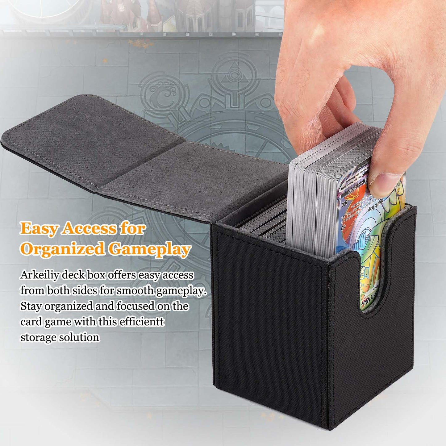 Arkeiliy Card Deck Box – 110+ Card Storage, Magnetic Buckle, 50 Sleeves Included (Black)