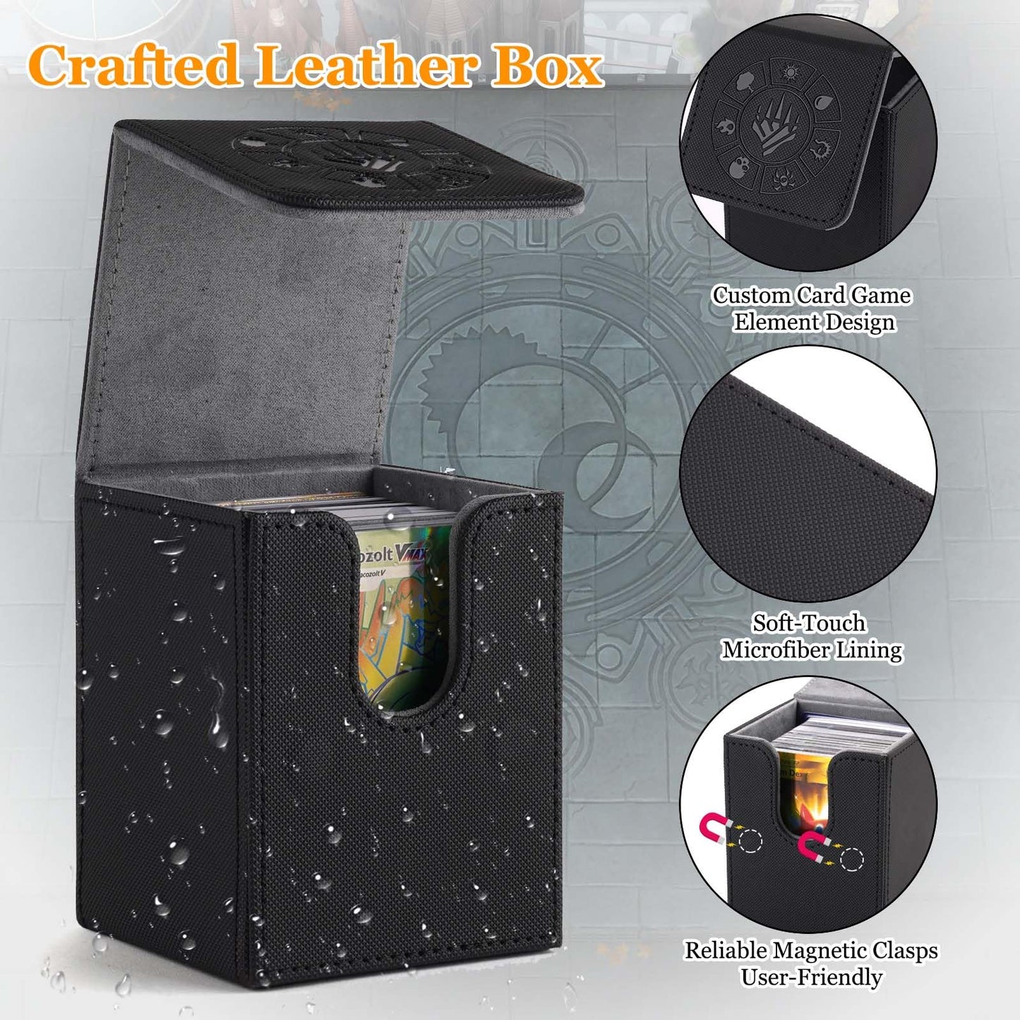Arkeiliy Card Deck Box – 110+ Card Storage, Magnetic Buckle, 50 Sleeves Included (Black)