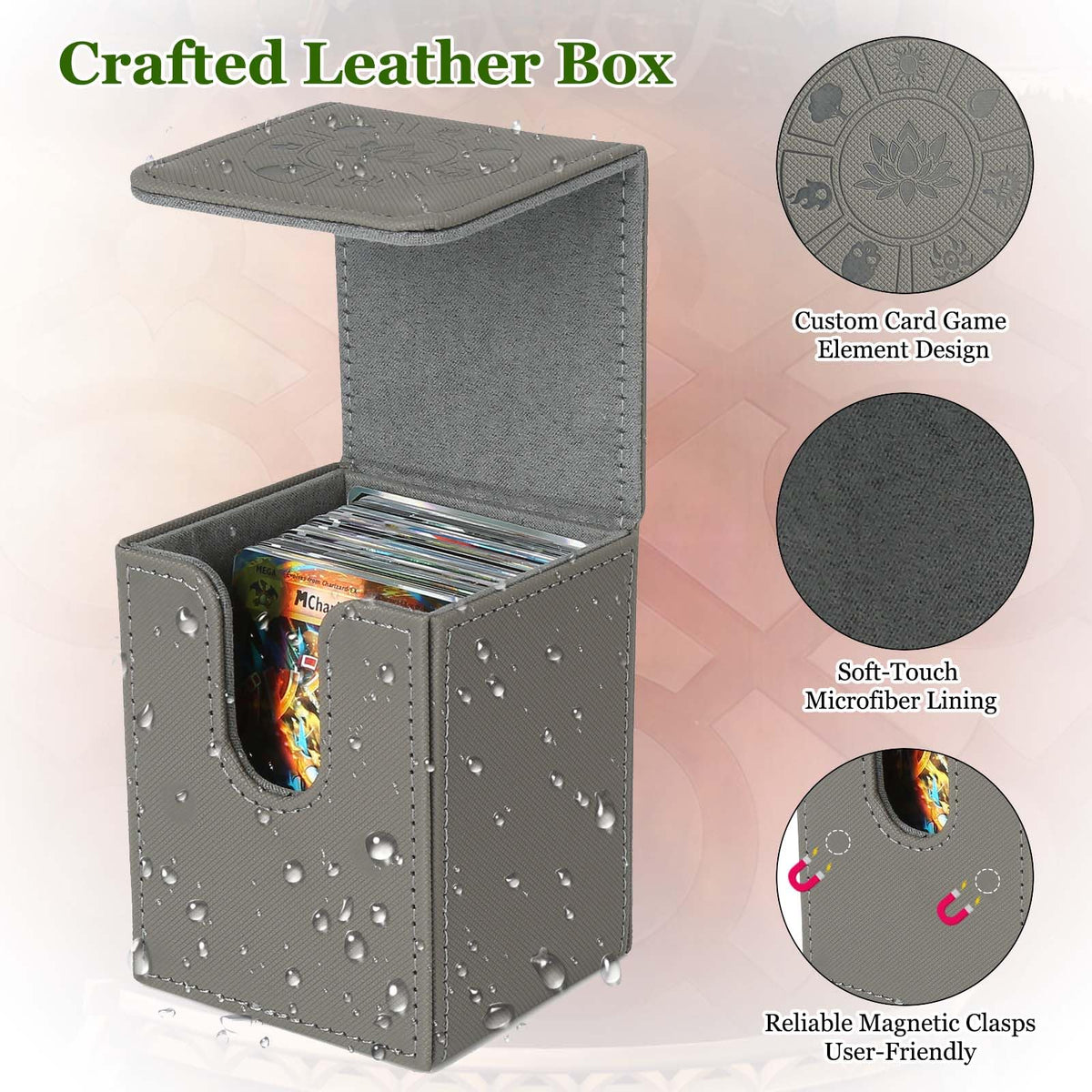 Arkeiliy MTG Deck Box — Leather 110+ Card Storage with 50 Sleeves (Grey)