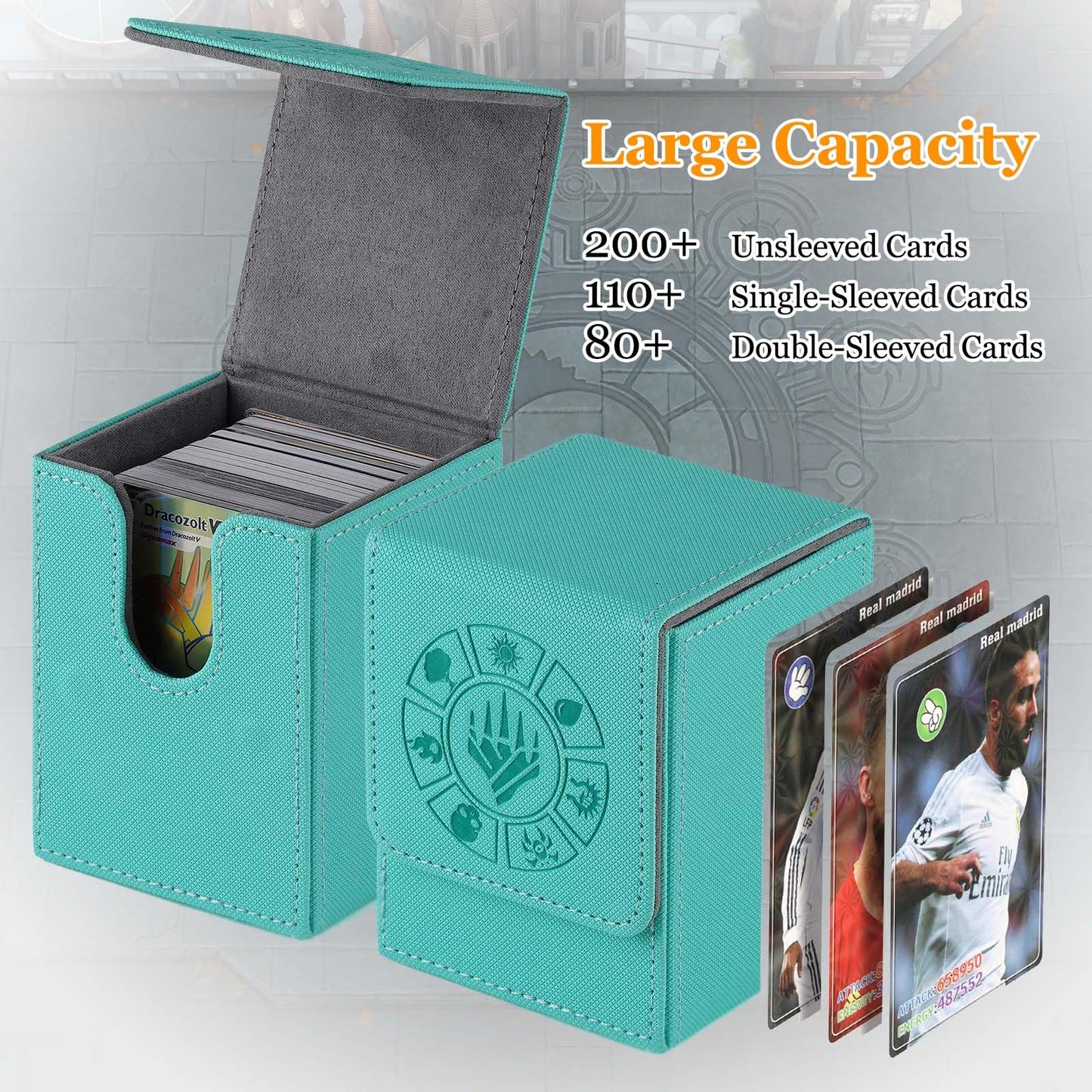 Arkeiliy Card Deck Box – 110+ Card Storage MTG Box with 50 Sleeves (Turquoise)