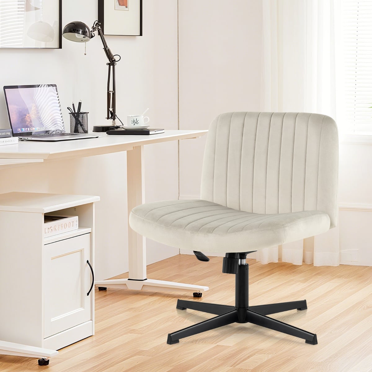 Armless Cross Legged Desk Chair with Wide Seat-Beige