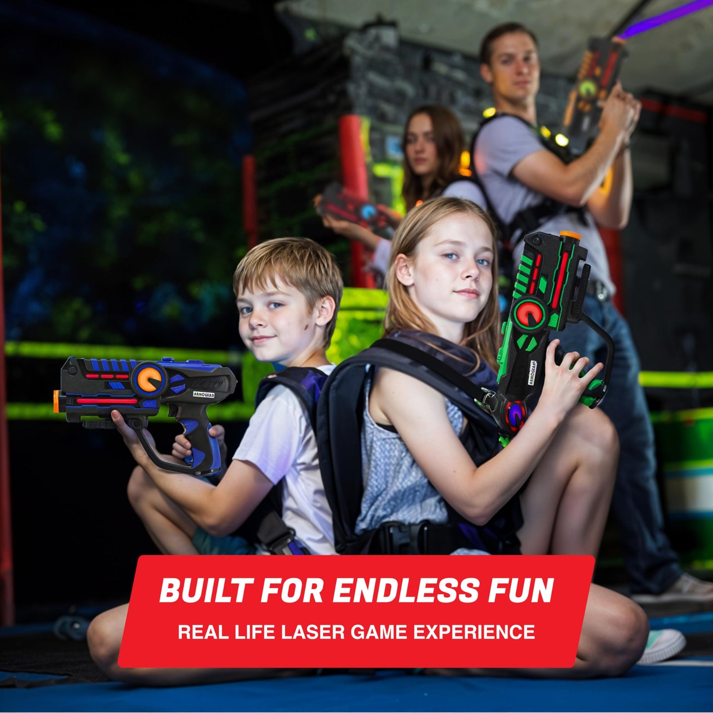 ArmoGear Set of 4 Laser Tag Guns with Vests — 150 ft Range, Night Vision, Invisibility Mode
