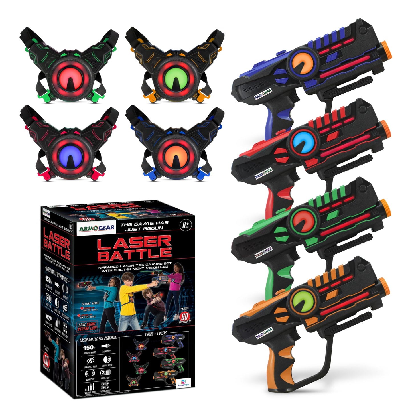 ArmoGear Set of 4 Laser Tag Guns with Vests — 150 ft Range, Night Vision, Invisibility Mode