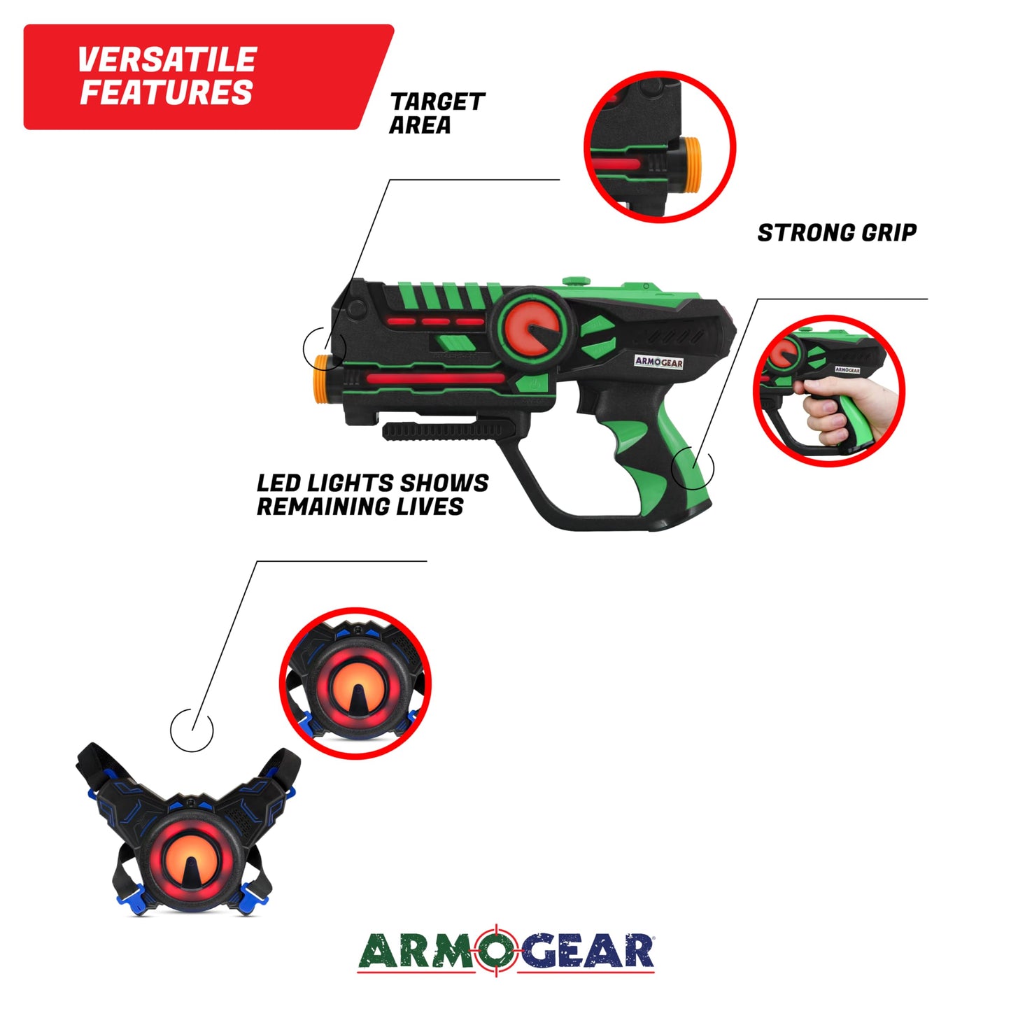 ArmoGear Set of 4 Laser Tag Guns with Vests — 150 ft Range, Night Vision, Invisibility Mode