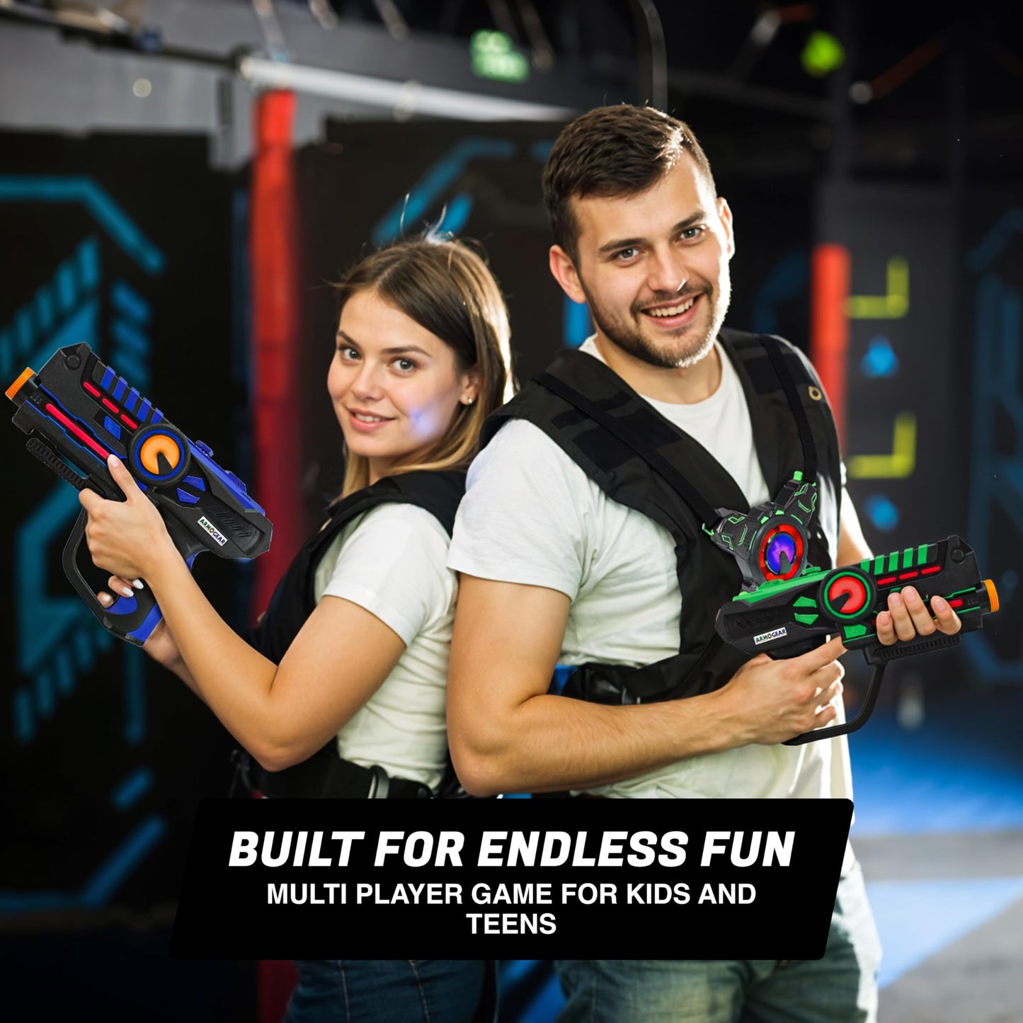 ArmoGear Set of 4 Laser Tag Guns with Vests — 150 ft Range, Night Vision, Invisibility Mode