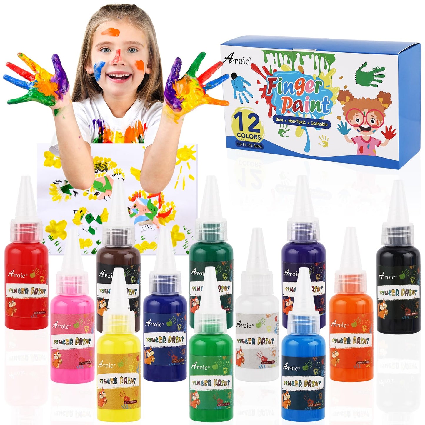 AROIC 12-Color Washable Finger Paint Set – Non-Toxic Kids Art Supplies in Gift Box