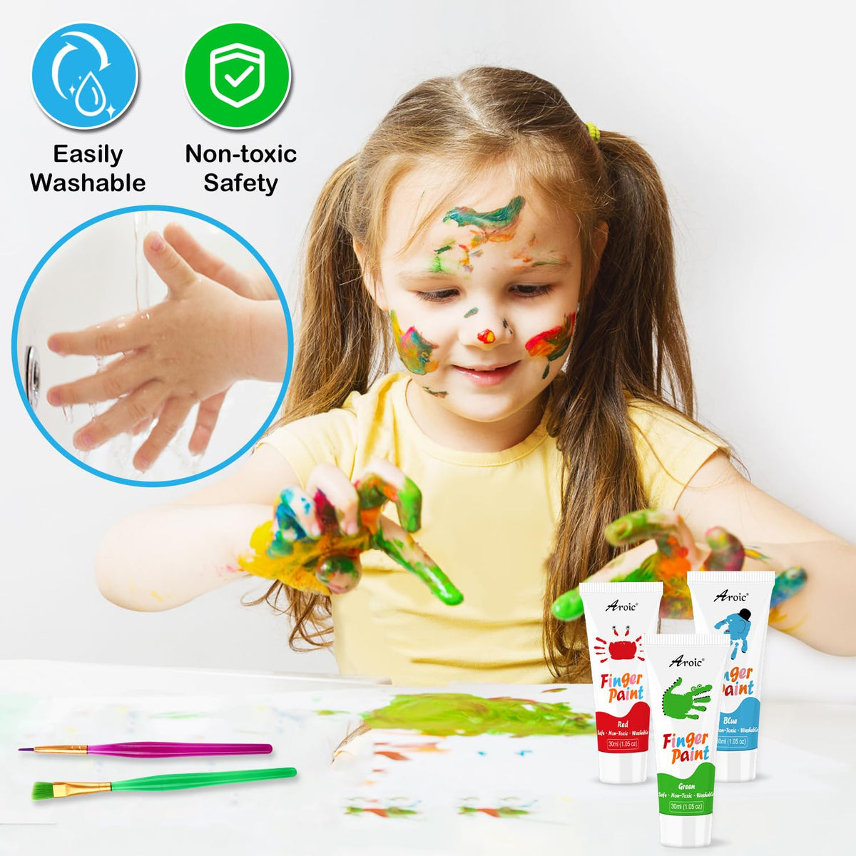 AROIC 27-Piece Kids Washable Finger Paint Set - 8 Colors, Non-Toxic, Includes Paper, Brushes & Sponges