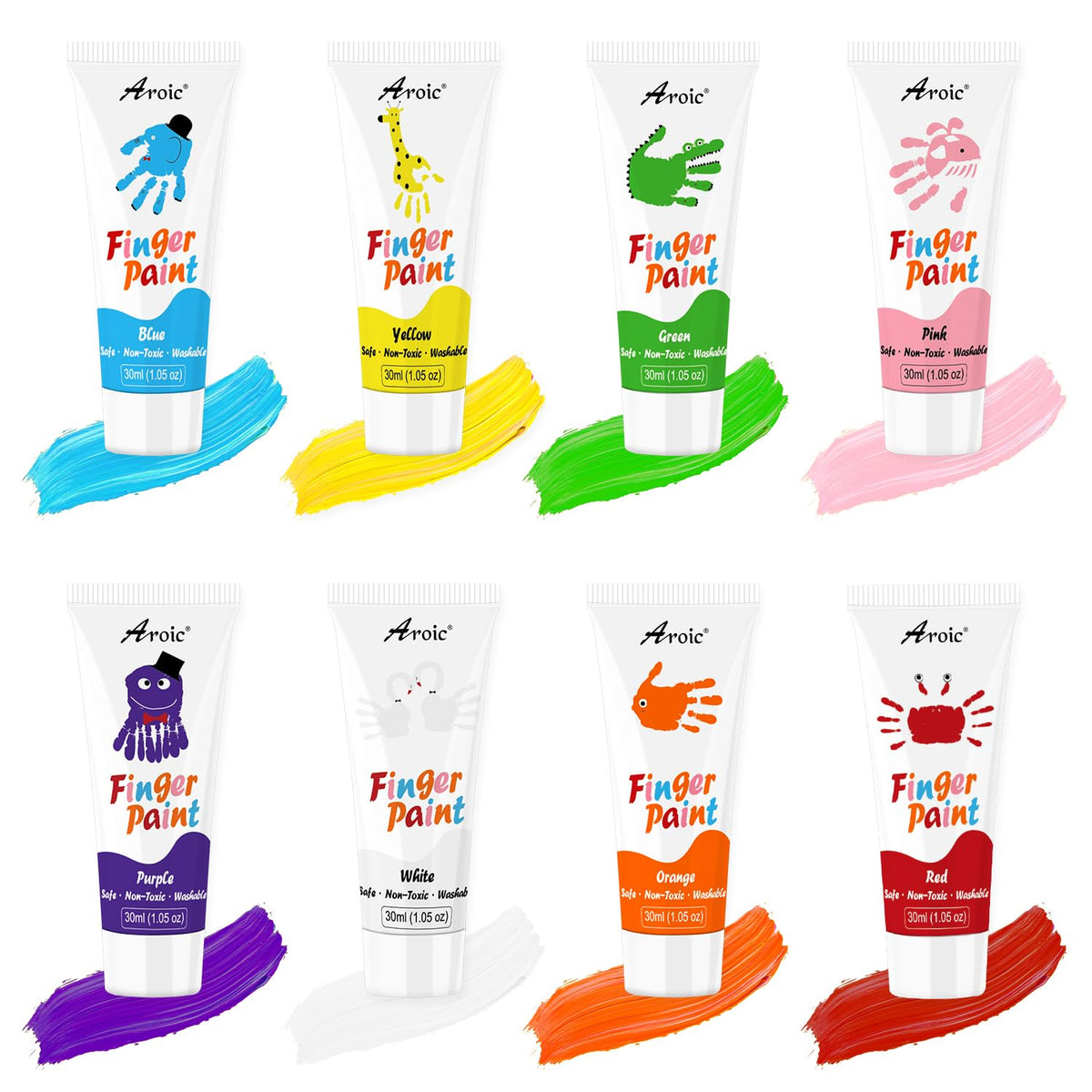 AROIC 27-Piece Kids Washable Finger Paint Set - 8 Colors, Non-Toxic, Includes Paper, Brushes & Sponges