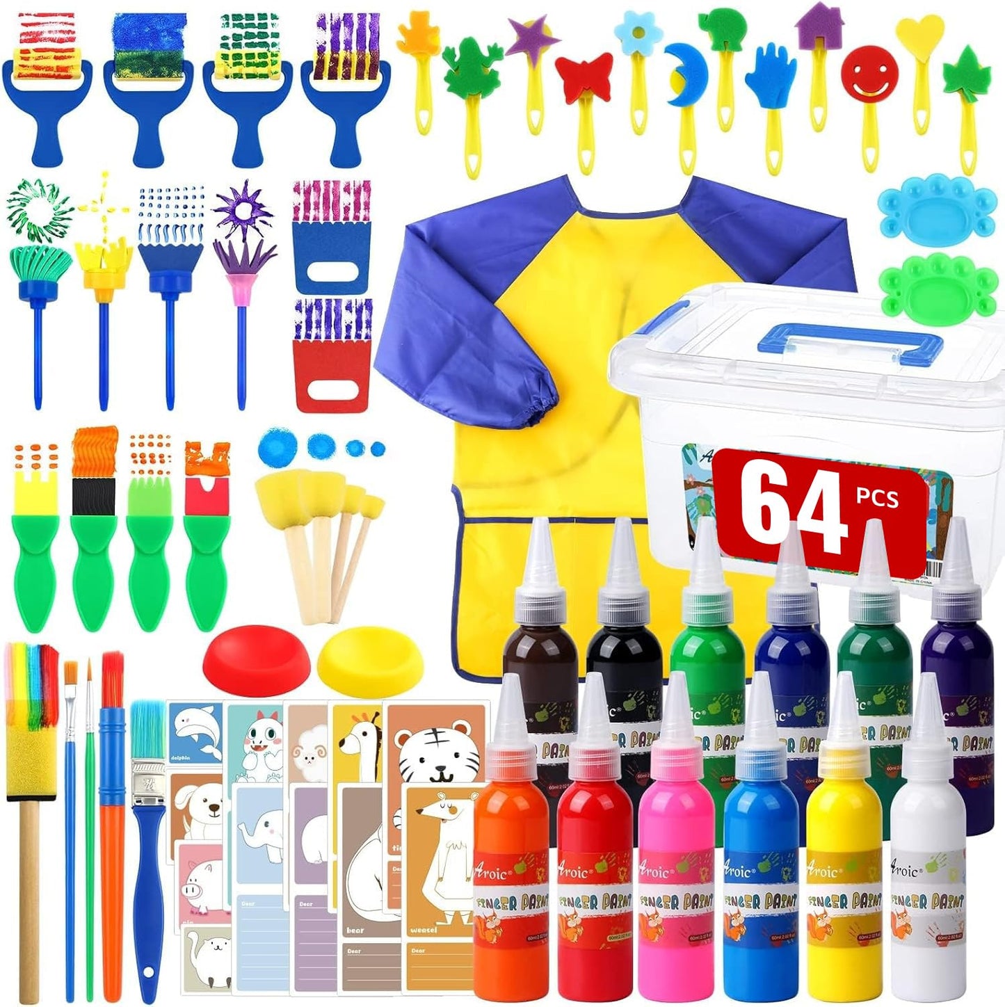 AROIC 64-Pack Washable Paint Set – 12 Colors Non-Toxic Finger Paints, Sponges, Brushes, Smock, Palettes & Storage Box
