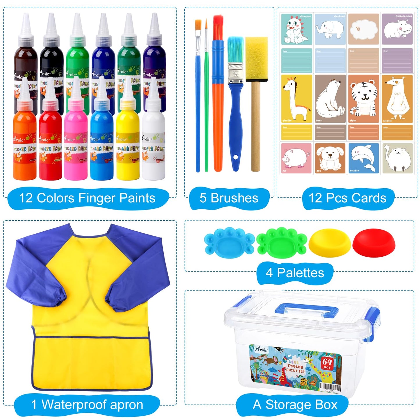 AROIC 64-Pack Washable Paint Set – 12 Colors Non-Toxic Finger Paints, Sponges, Brushes, Smock, Palettes & Storage Box