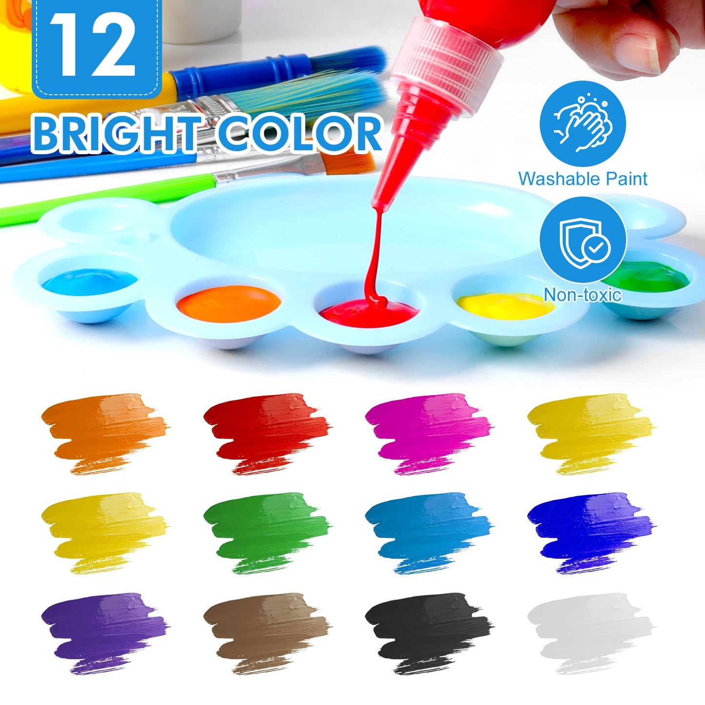 AROIC 64-Pack Washable Paint Set – 12 Colors Non-Toxic Finger Paints, Sponges, Brushes, Smock, Palettes & Storage Box