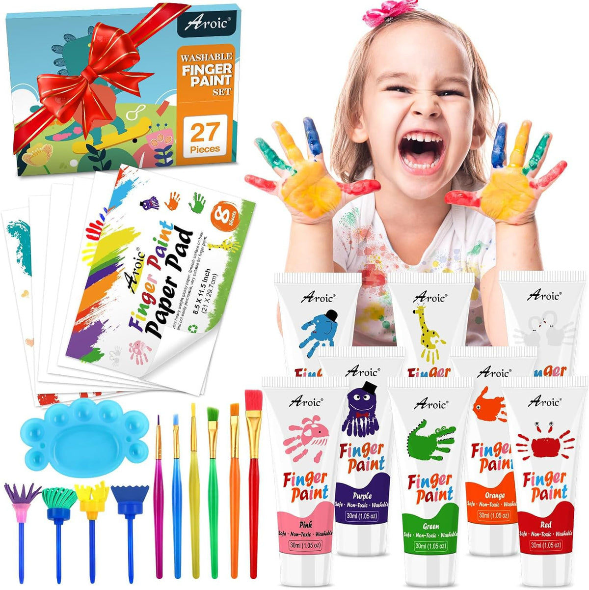 AROIC 27-Piece Kids Washable Finger Paint Set - 8 Colors, Non-Toxic, Includes Paper, Brushes & Sponges