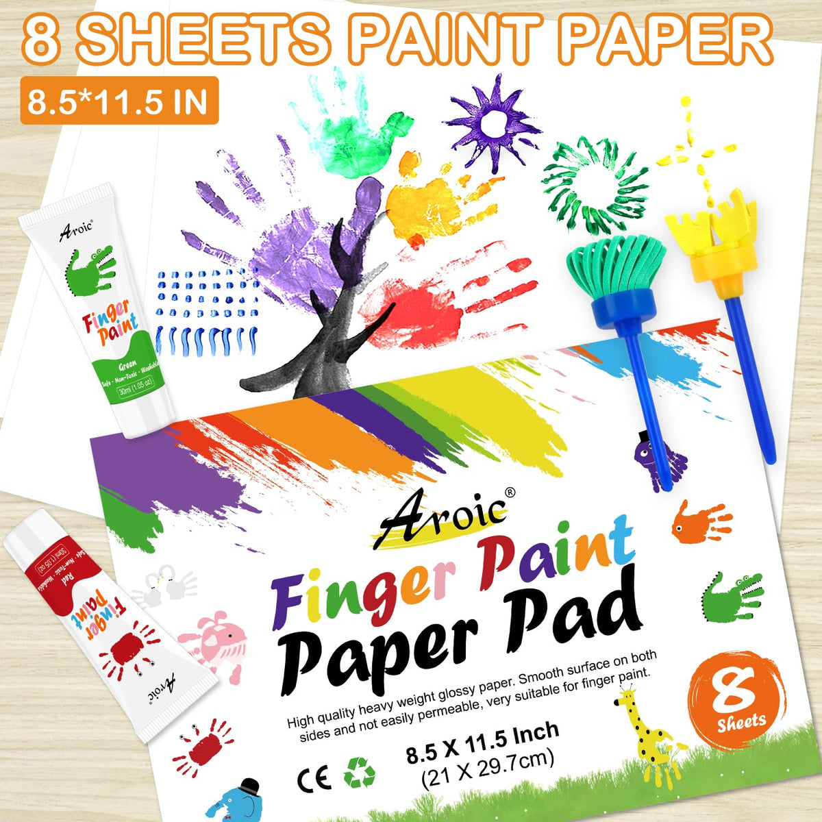 AROIC 27-Piece Kids Washable Finger Paint Set - 8 Colors, Non-Toxic, Includes Paper, Brushes & Sponges