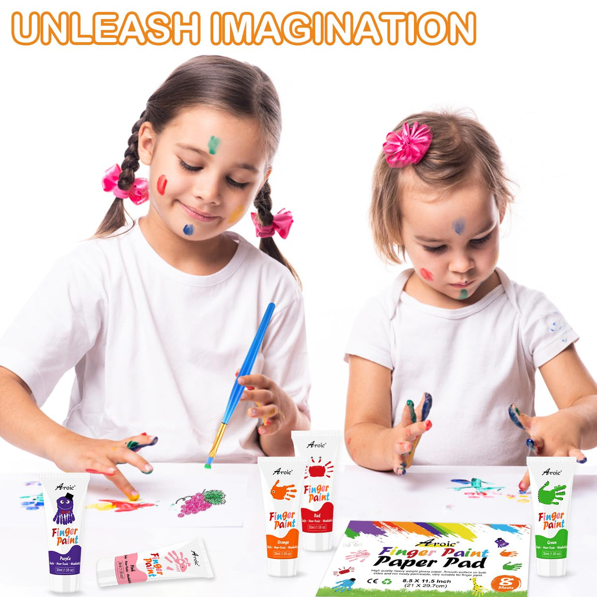 AROIC 27-Piece Kids Washable Finger Paint Set - 8 Colors, Non-Toxic, Includes Paper, Brushes & Sponges