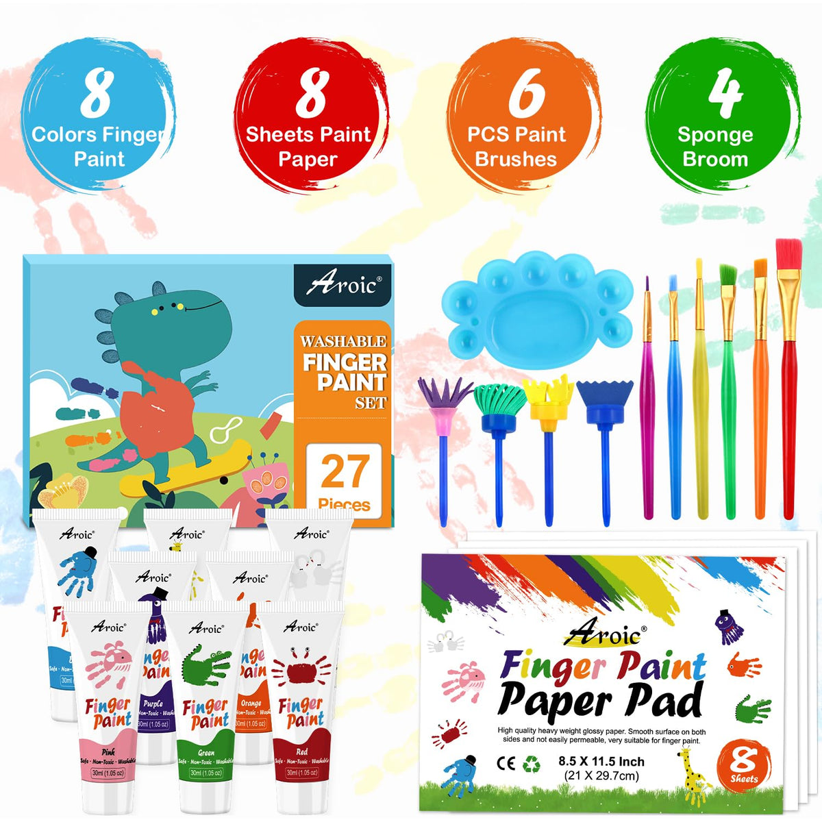AROIC 27-Piece Kids Washable Finger Paint Set - 8 Colors, Non-Toxic, Includes Paper, Brushes & Sponges