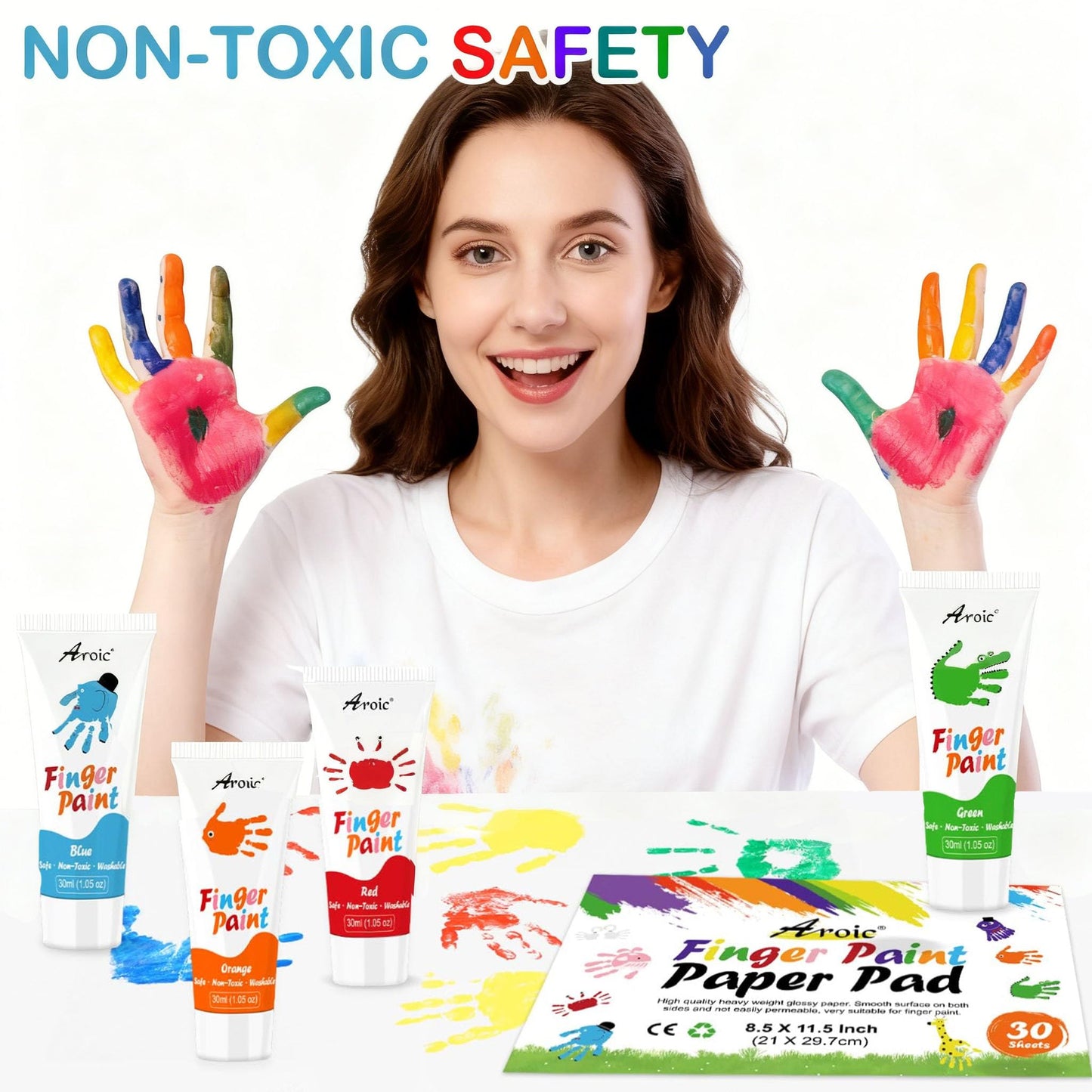 AROIC 8PCS Washable Finger Paint – Non-Toxic 8 Bright Colors (1.05 fl oz)