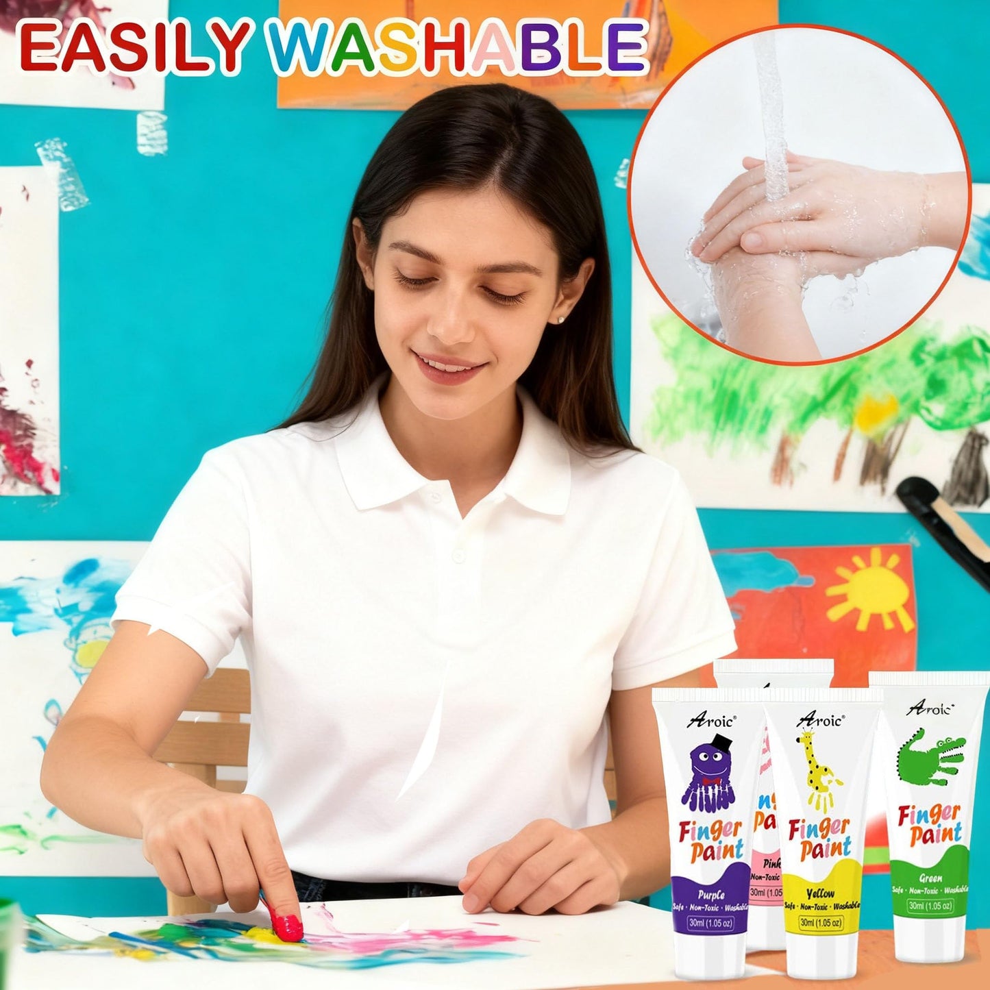 AROIC 8PCS Washable Finger Paint – Non-Toxic 8 Bright Colors (1.05 fl oz)
