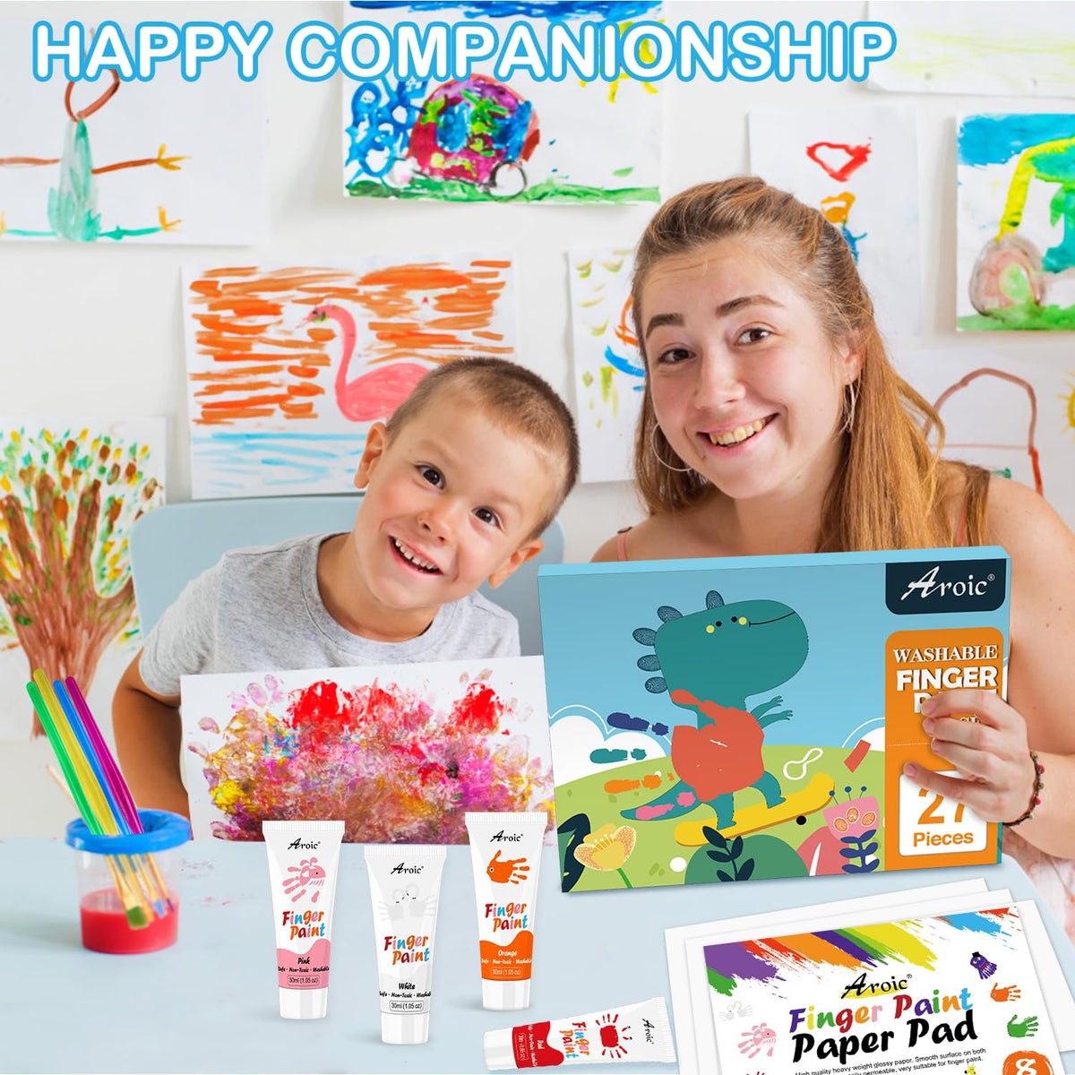 AROIC 27-Piece Kids Washable Finger Paint Set - 8 Colors, Non-Toxic, Includes Paper, Brushes & Sponges