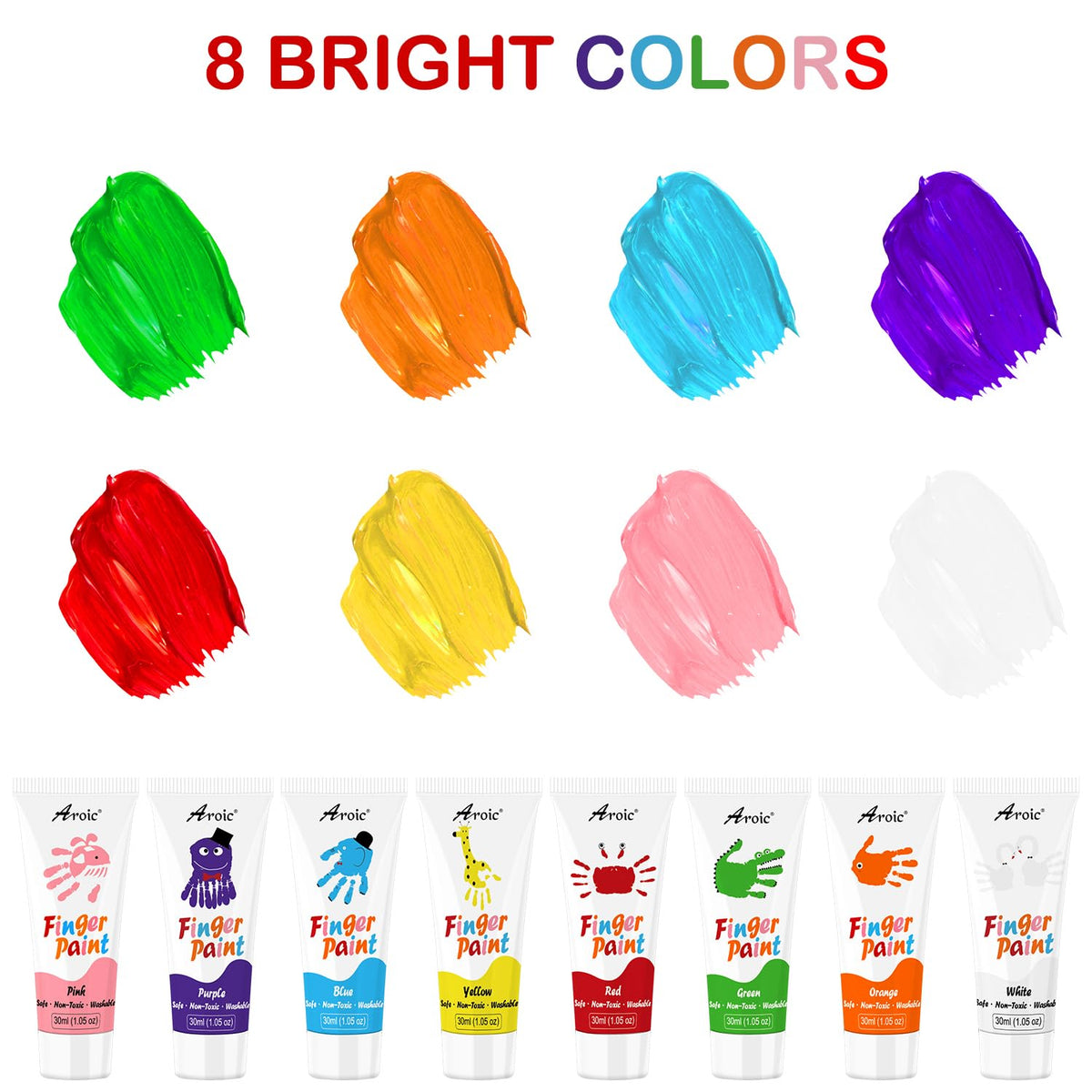 AROIC 8PCS Washable Finger Paint – Non-Toxic 8 Bright Colors (1.05 fl oz)
