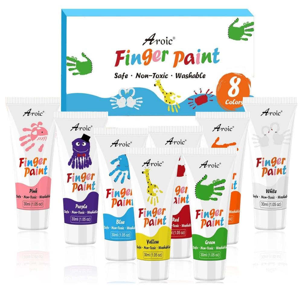 AROIC 8PCS Washable Finger Paint – Non-Toxic 8 Bright Colors (1.05 fl oz)