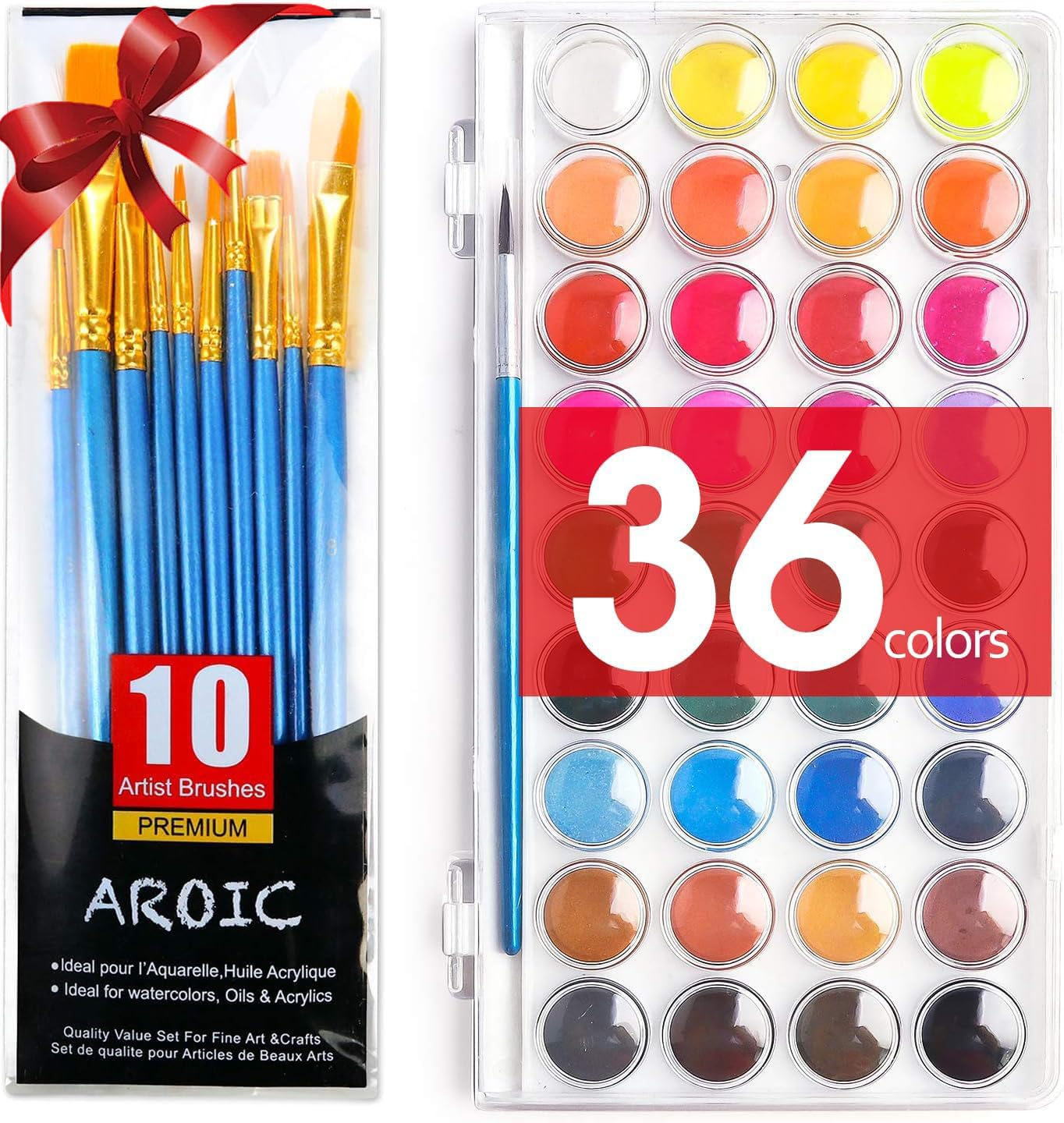 AROIC Watercolor Paint Set - 36 Colors, 10 Brushes, Non-Toxic & Washable