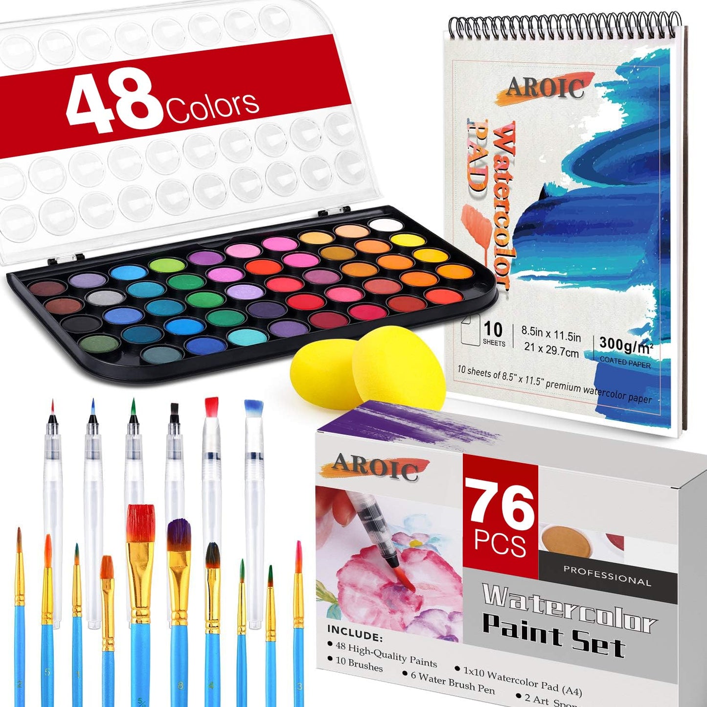 AROIC Watercolor Paint Set—48 Colors, 10-Page Pad, 6 Refillable Water Brush Pens