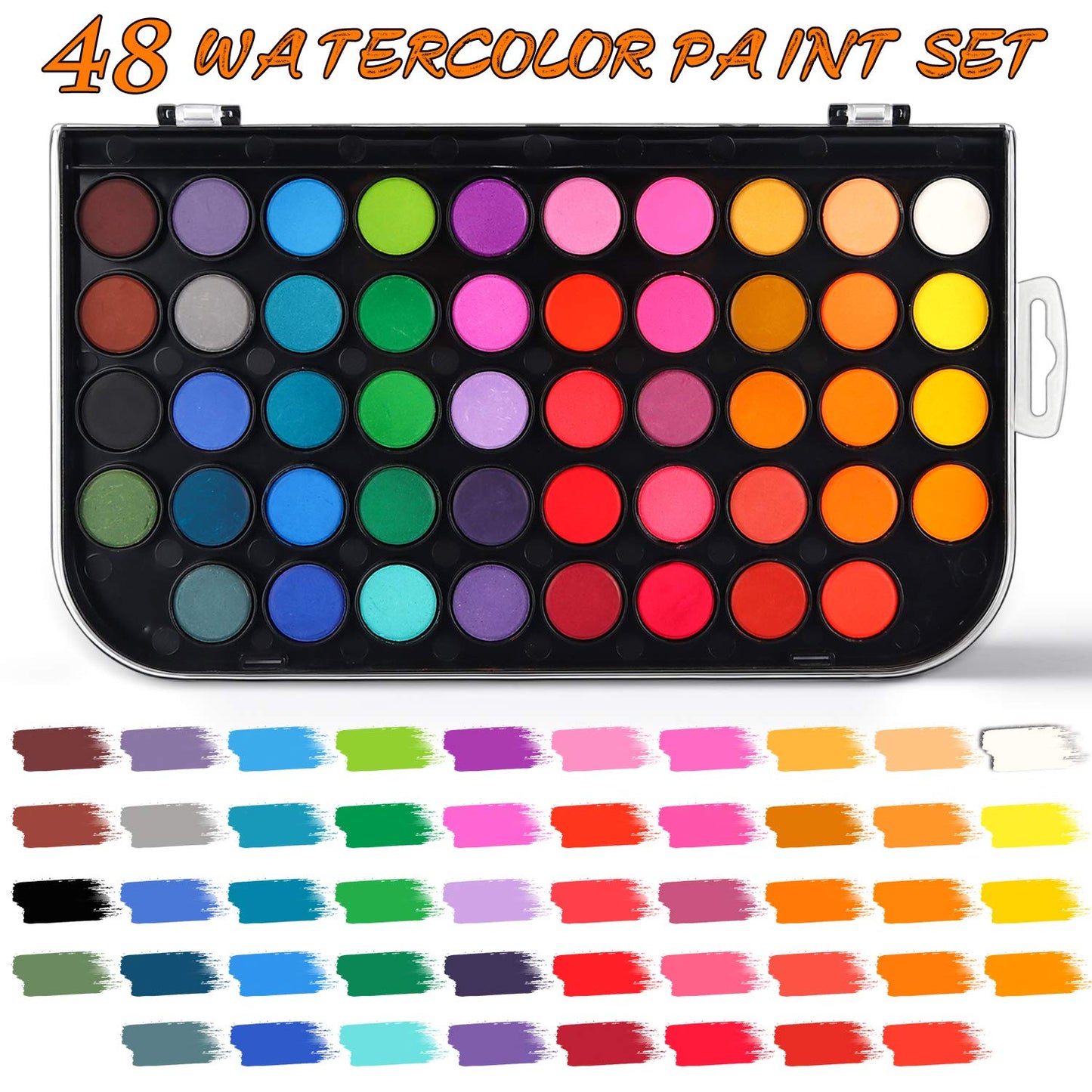 AROIC Watercolor Paint Set—48 Colors, 10-Page Pad, 6 Refillable Water Brush Pens