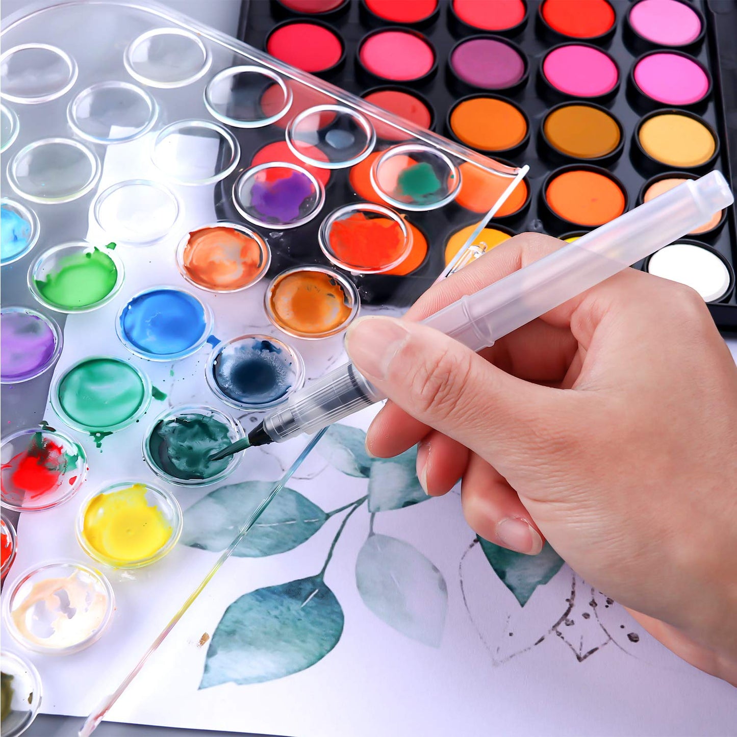 AROIC Watercolor Paint Set—48 Colors, 10-Page Pad, 6 Refillable Water Brush Pens