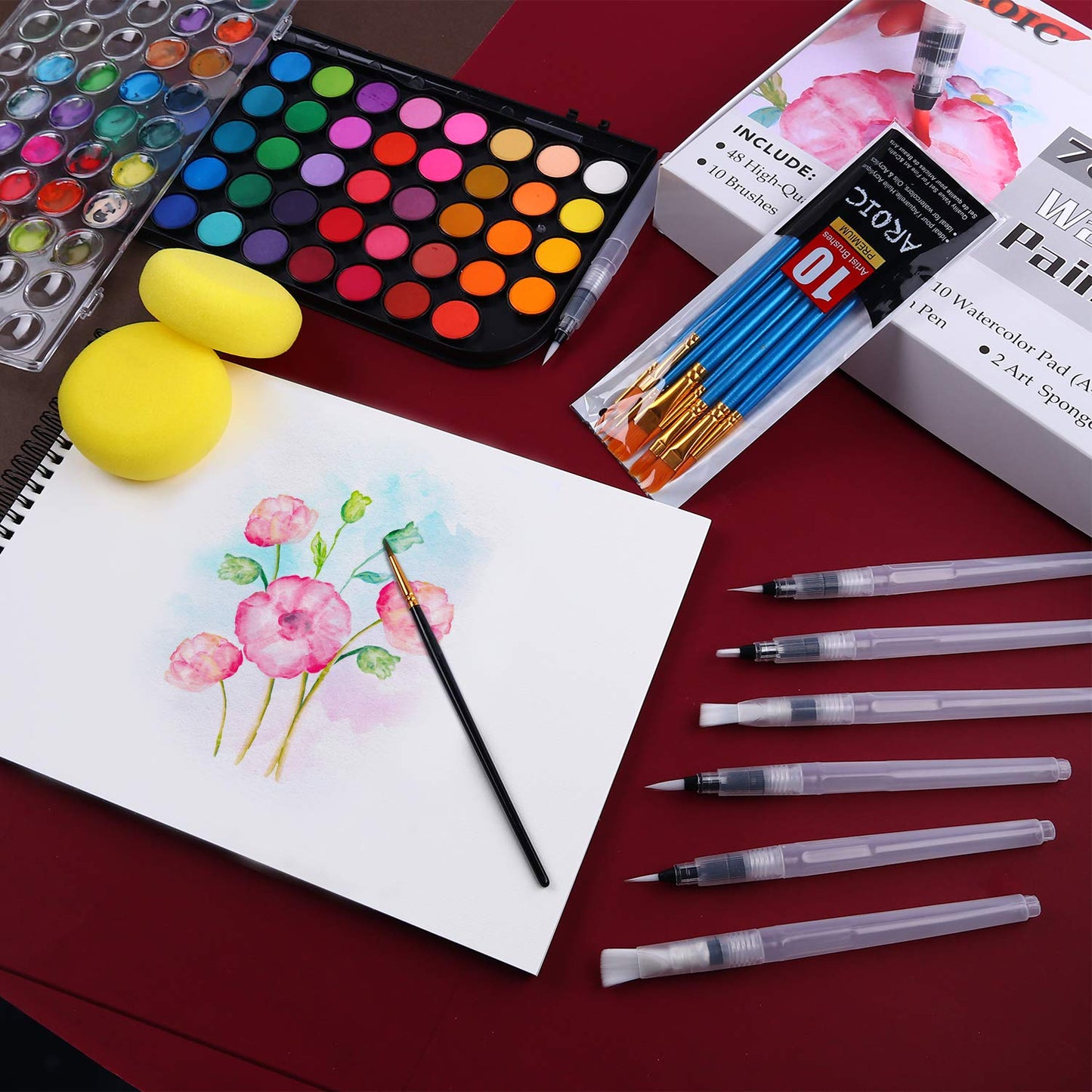 AROIC Watercolor Paint Set—48 Colors, 10-Page Pad, 6 Refillable Water Brush Pens